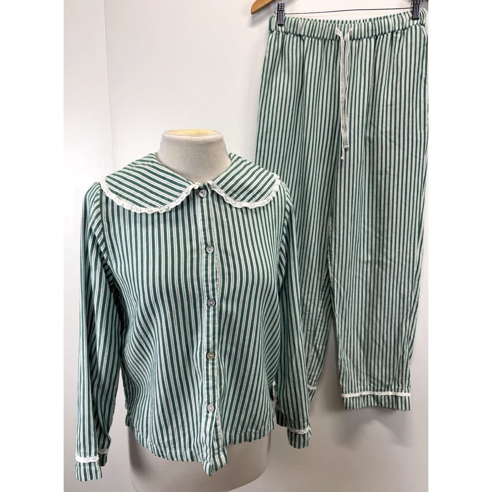 Vintage Rachel Ashwell Pajama Set Women’s S Green Stripe Eyelet Trim Cottage Core 2 Pc Threaded Cotton Shirt Button Collared Long Sleeve Adults Womens Size ONE SIZE - 2 Thumbnail