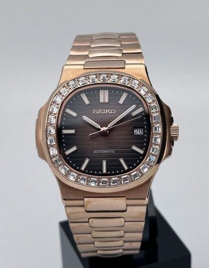 Japanese Brand Seiko Mod Nautilus Brown Diamond Rosegold Watch NH35 41mm Size ONE SIZE - 4 Thumbnail