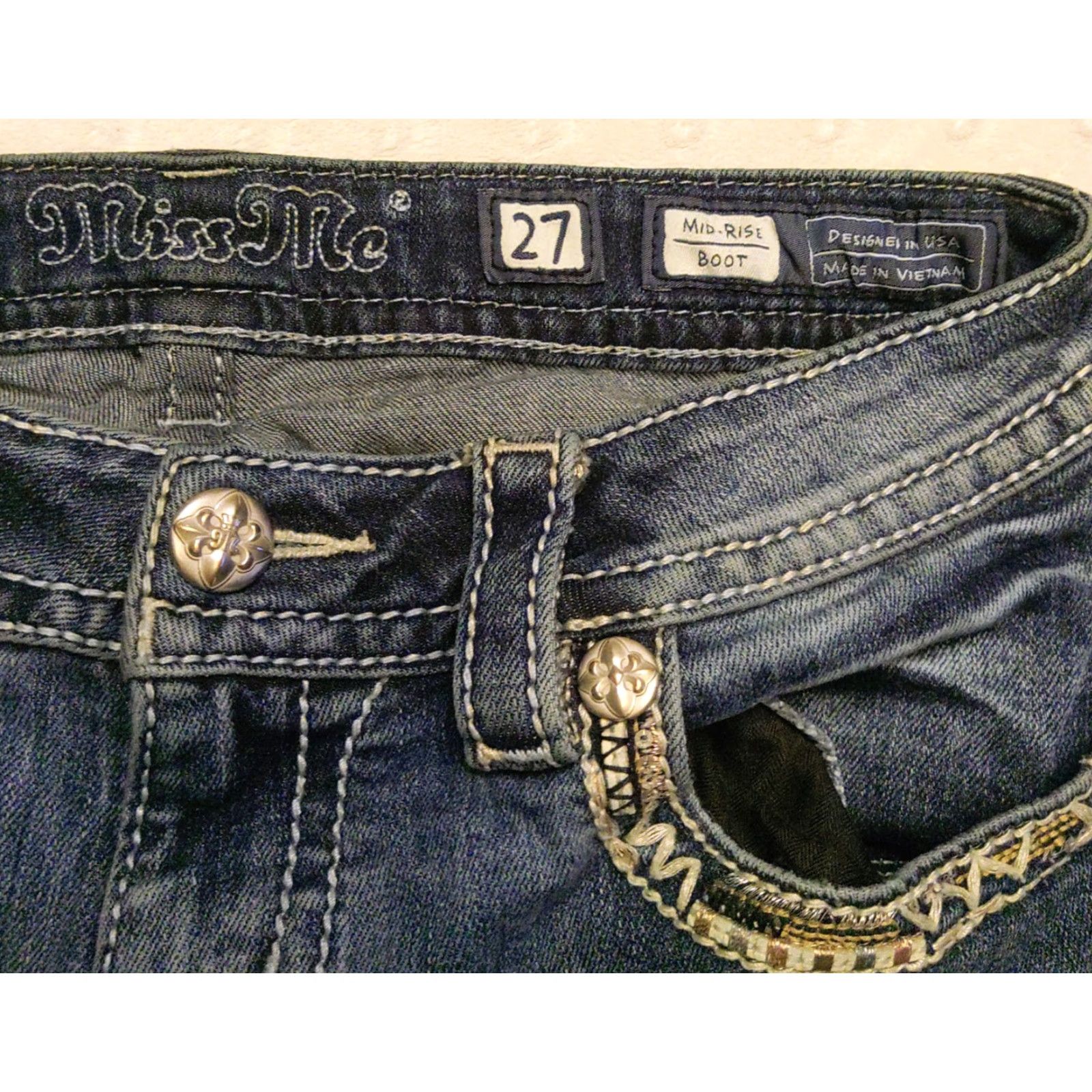 Miss Me Miss Me Jeans Womens 27 Blue Dark Wash Mid-Rise Boot Rhinestone Embroidered Logo 5-Pocket Denim Stretch Bootcut Size 27" / US 4 / IT 40 - 5 Thumbnail