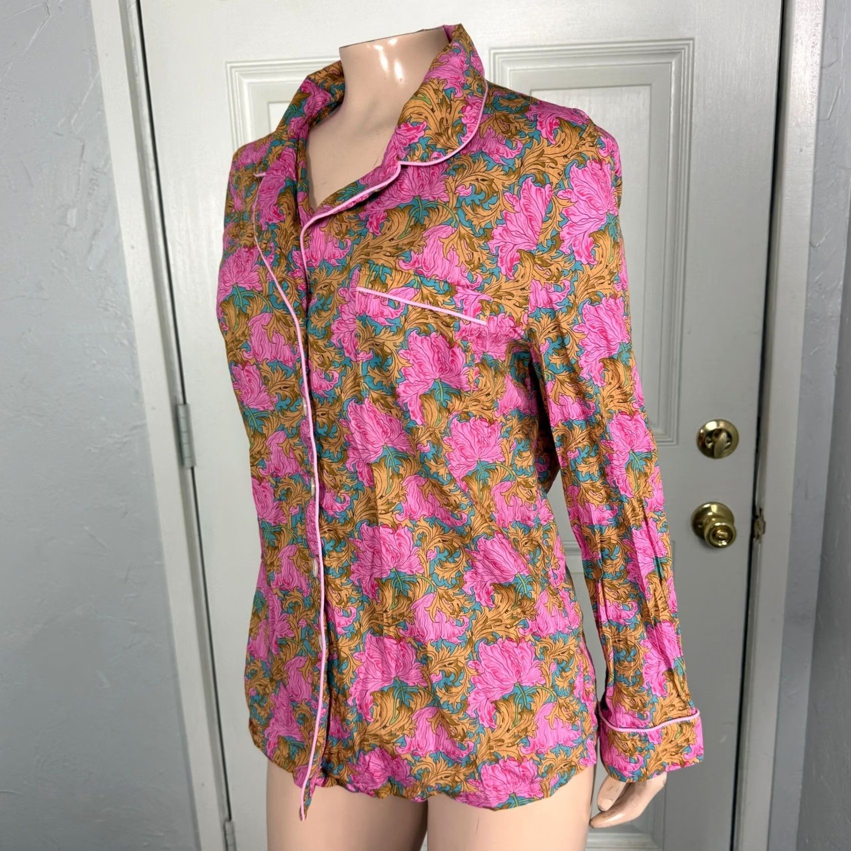 Liberty London Liberty London Women's Pajama Top Shirt Floral Sleep Shirt Pink Cotton Silk Lightweight Button Long Sleeve Small S Size S / US 4 / IT 40 - 3 Thumbnail
