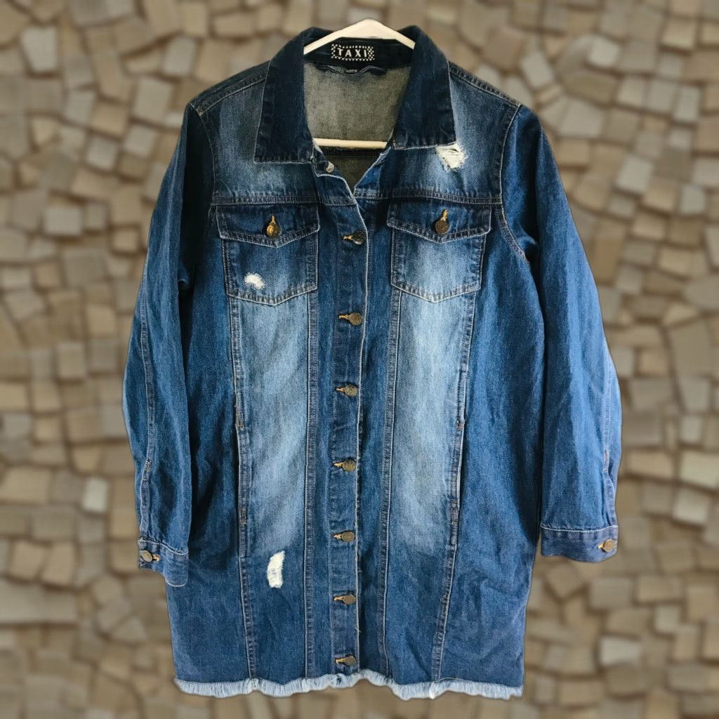 Denime Taxi Denim Shirt Women S Blue Denim Button Up Frayed Hem Distressed Long Sleeve Collared Shirt Dress Vintage No Size S / US 4 / IT 40 - 1 Thumbnail