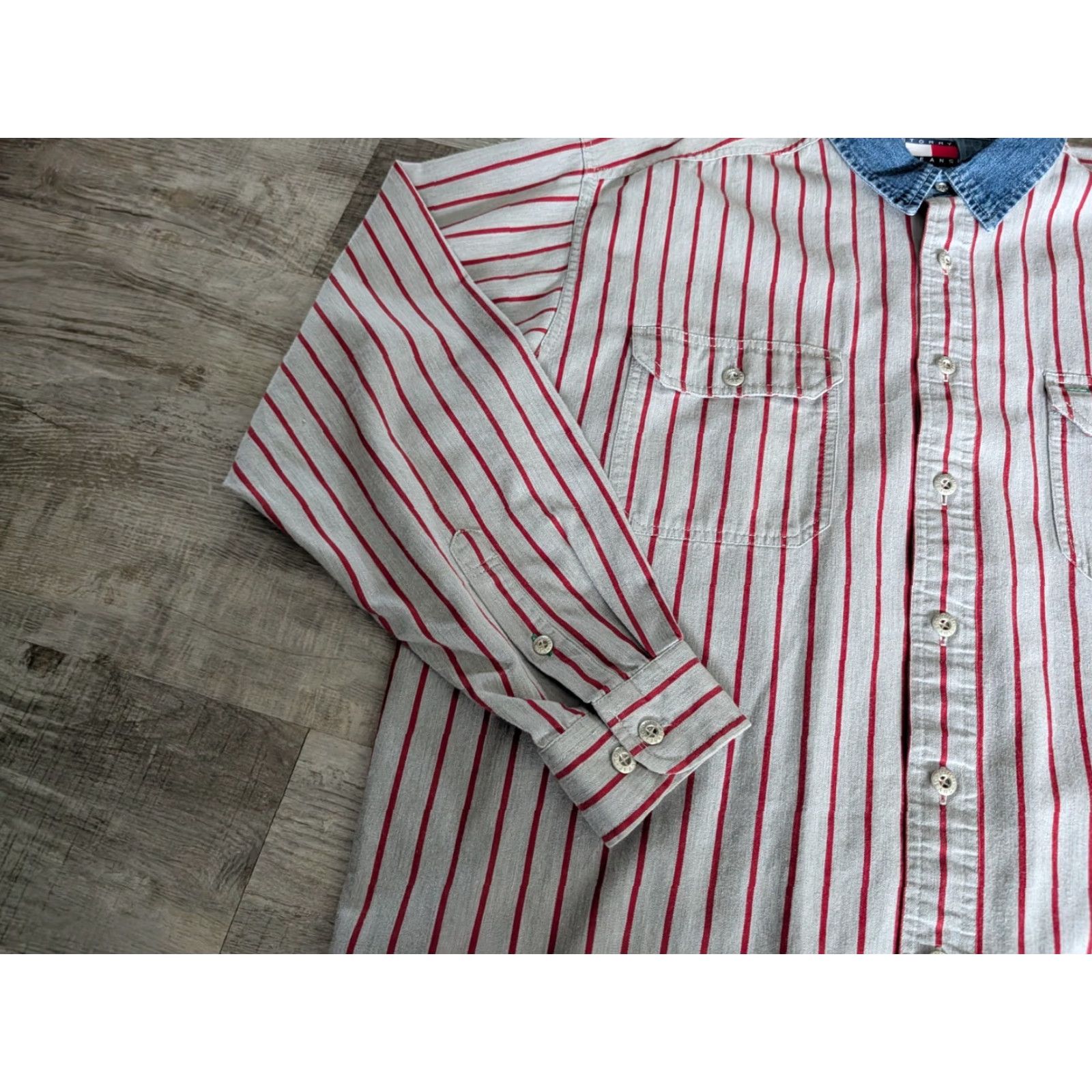 Tommy Hilfiger VINTAGE Tommy Hilfiger Red Striped Long Sleeve Button-Up Shirt Denim Collar Sz L 90s Hip Hop Mens Size US L / EU 52-54 / 3 - 5 Thumbnail