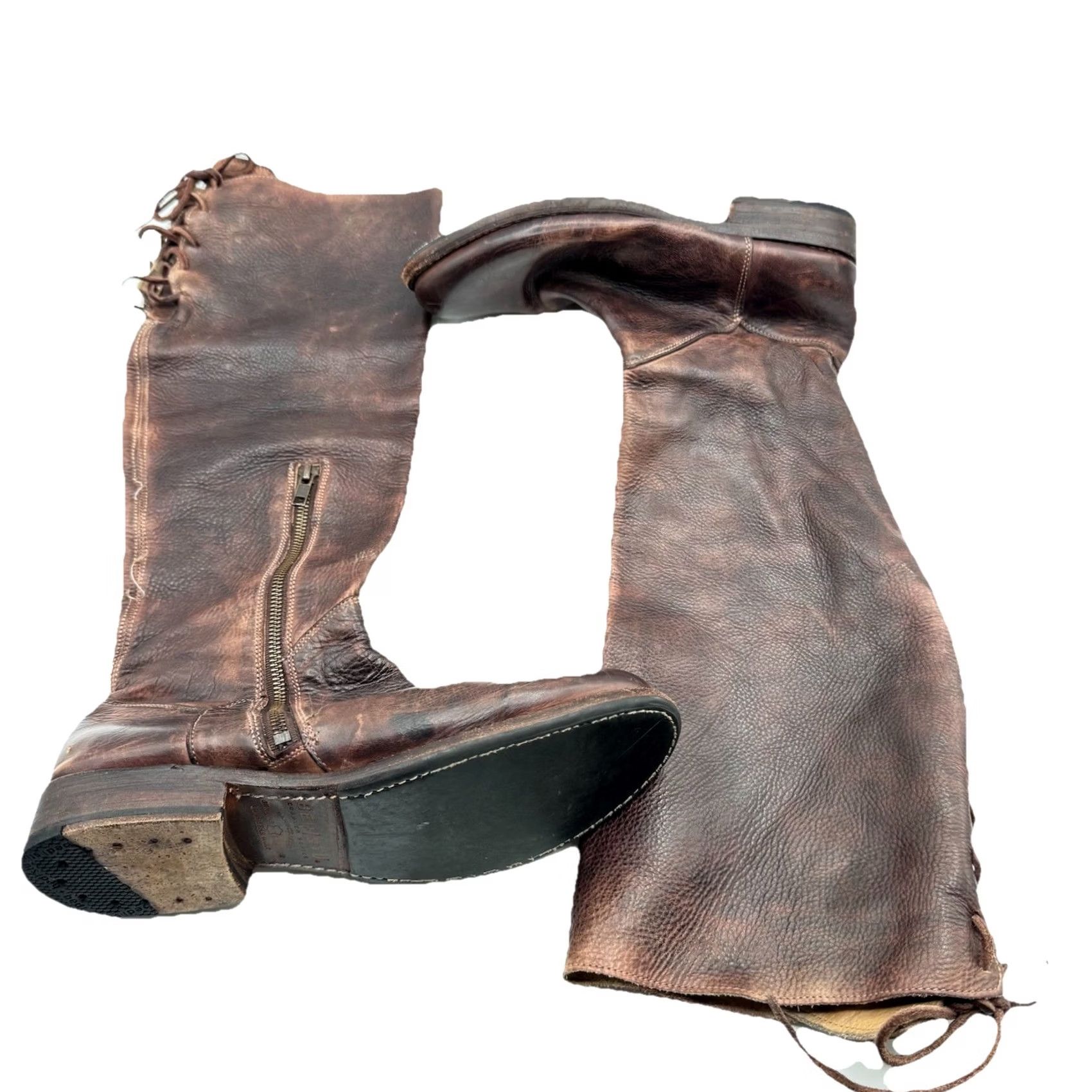 Bed Stu Bed Stu Manchester Boots 9.5 Leather Knee High Riding Boot Brown Black Distressed Zip Leather Shaft Regular Calf Women Block Heel Vintage No N/A Size US 10 / IT 40 - 2 Thumbnail