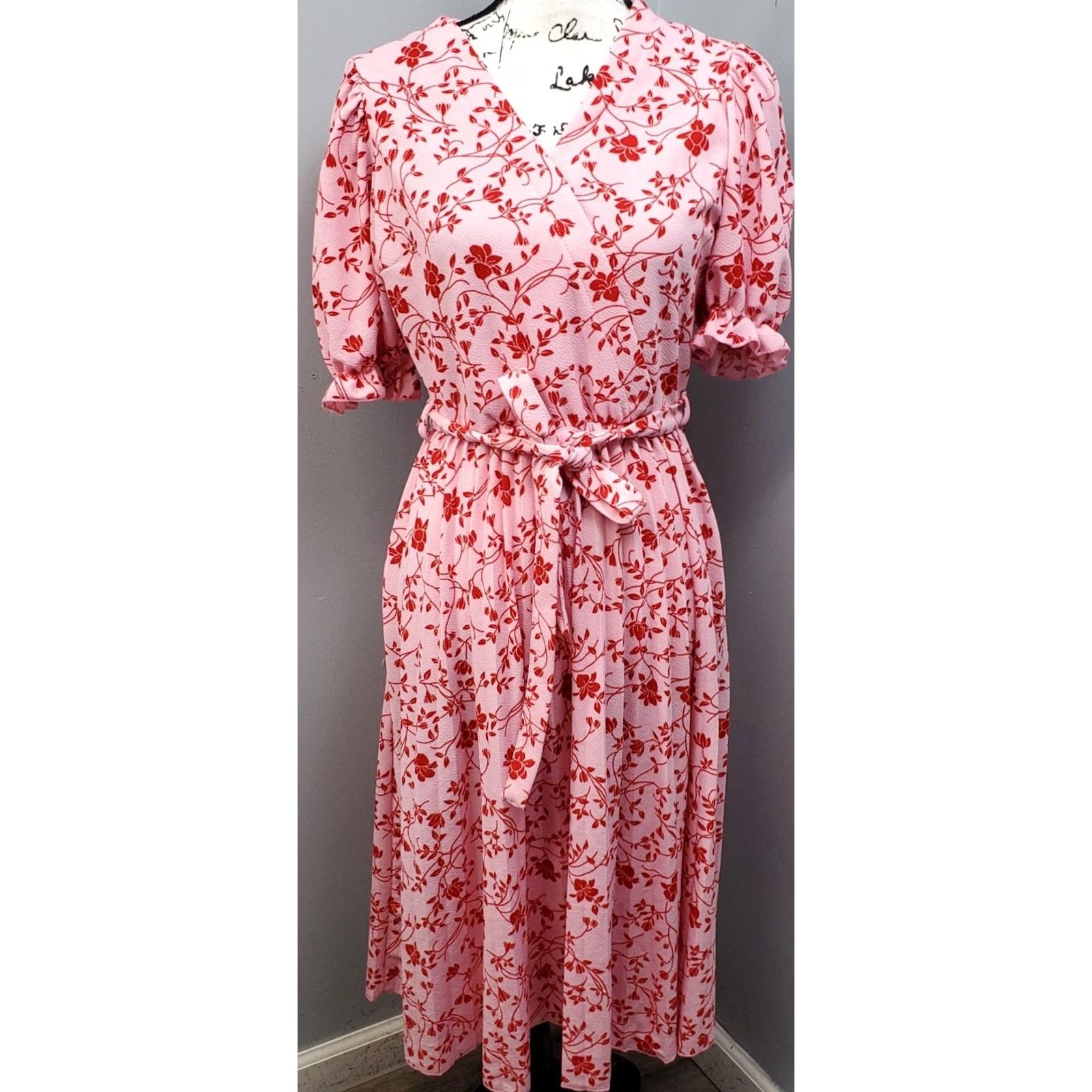 Pinko Lark + Grey Wrap Dress Womens Size M Pink & Red Floral Peasant Sleeve Tie Waist Knee Length V-Neck Short Sleeve Size M / US 6-8 / IT 42-44 - 2 Thumbnail