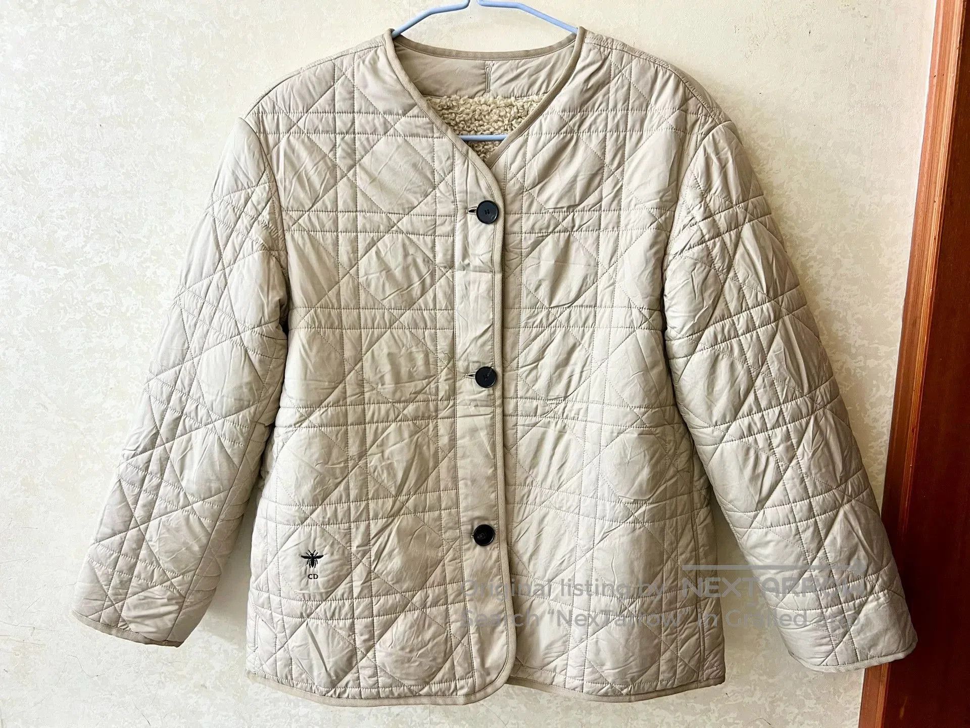 reversible dior quilted coat in beige.