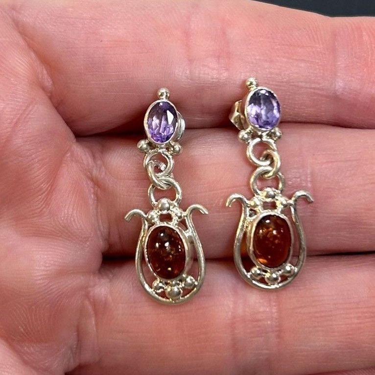 Vintage Sterling Silver 925 Amber & Amethyst Dangle Earrings Scroll Size ONE SIZE - 6 Thumbnail