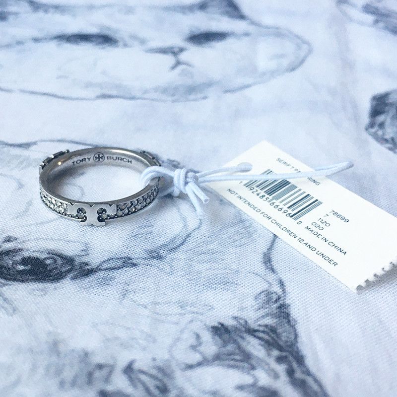 image of ♡ Tory Burch ♡ Serif T Pave Ring - Size 7 in Worn Tory Silver/Crystal, Women's