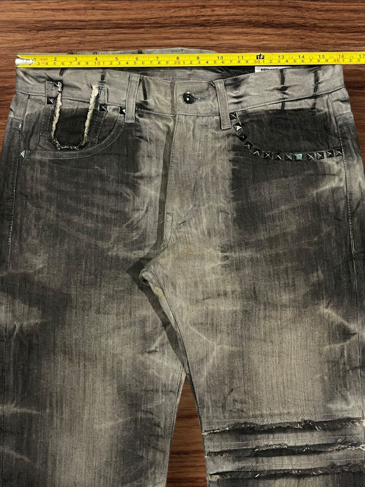 If Six Was Nine Semantic Design Gothic Studded Acid Wash Distress Flare Jean Size US 31 - 12 Thumbnail