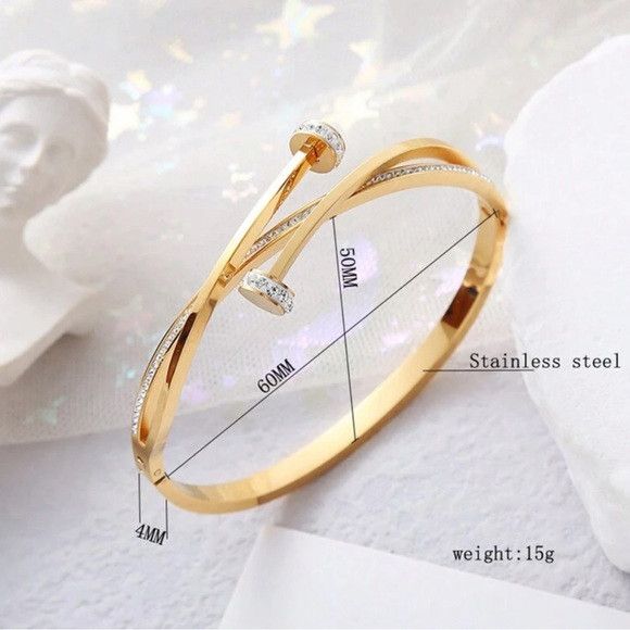 Other Unique Gold Nail Pattern Rhinestone Stainless Steel Bracelet Size ONE SIZE - 3 Thumbnail