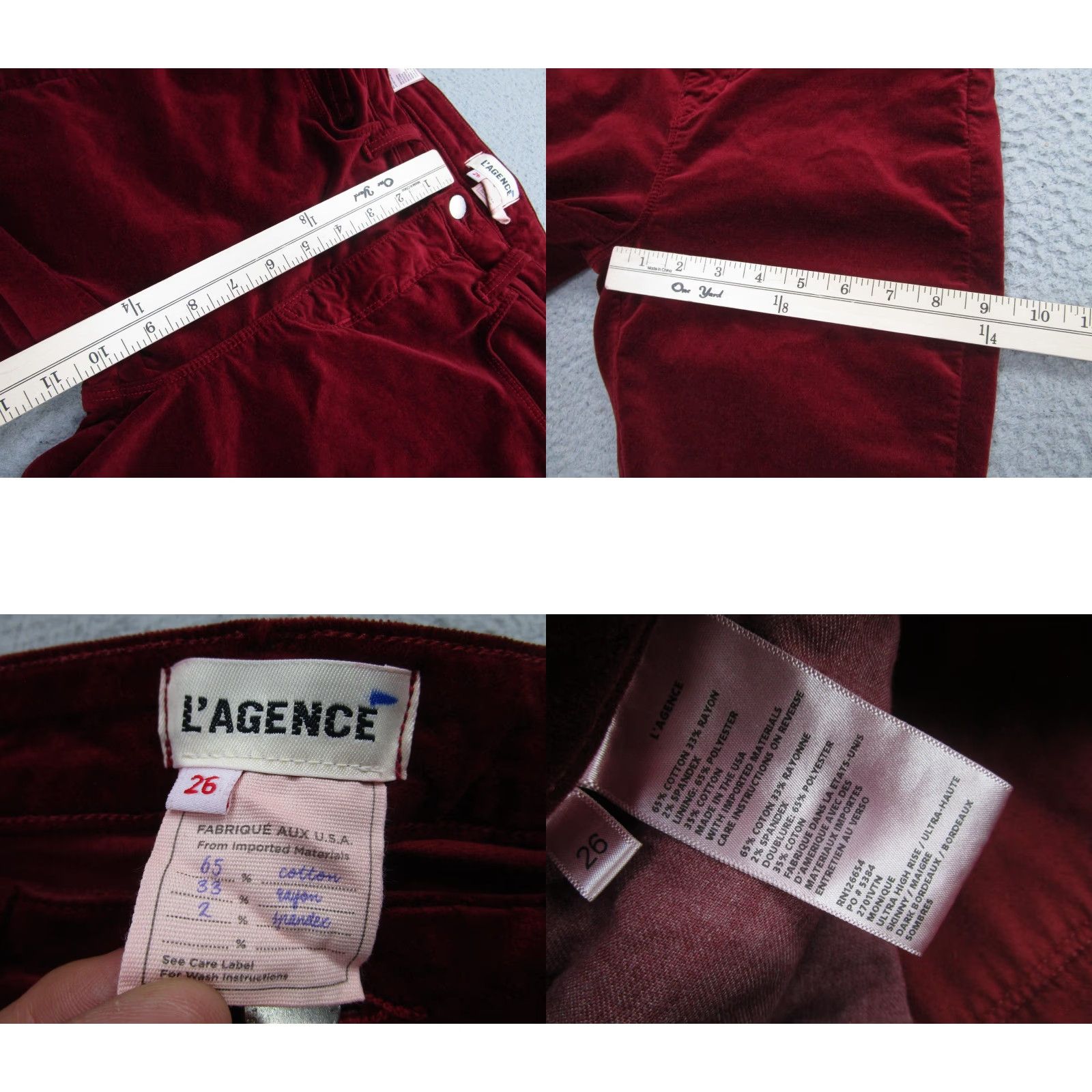 L'AGENCE L'Agence Pants Womens 26 Red Bordeaux Velvet velour Skinny High Rise Made USA Size 26" / US 2 / IT 38 - 8 Thumbnail