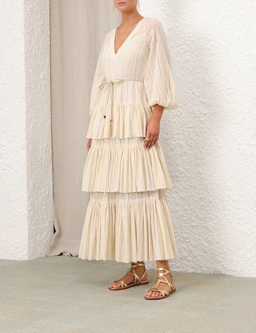Zimmermann oc11z0525 Waverly Tiered Midi Dress in Ivory & Gold Size S / US 4 / IT 40 - 4 Thumbnail