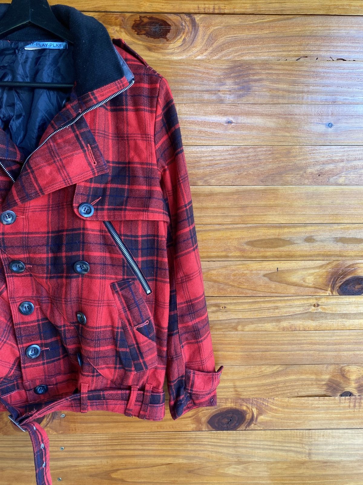 Japanese Brand Vintage 90s Play-Play-Play Red Black Plaid Wool Biker Jacket Size US M / EU 48-50 / 2 - 8 Thumbnail