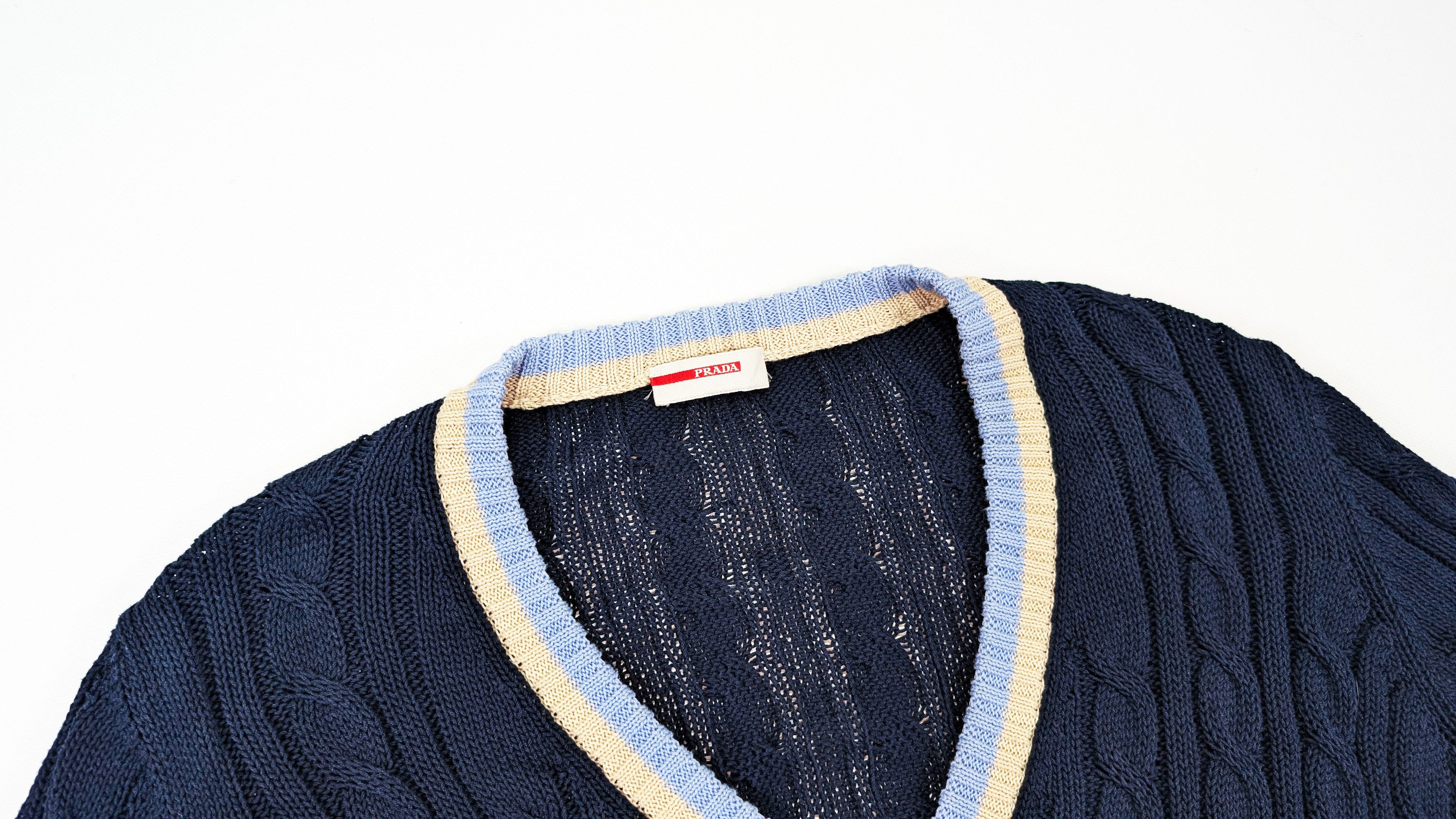 Prada Prada Black Tab Cable Knit V-Neck Cotton Pullover Size 52 Size US L / EU 52-54 / 3 - 3 Thumbnail