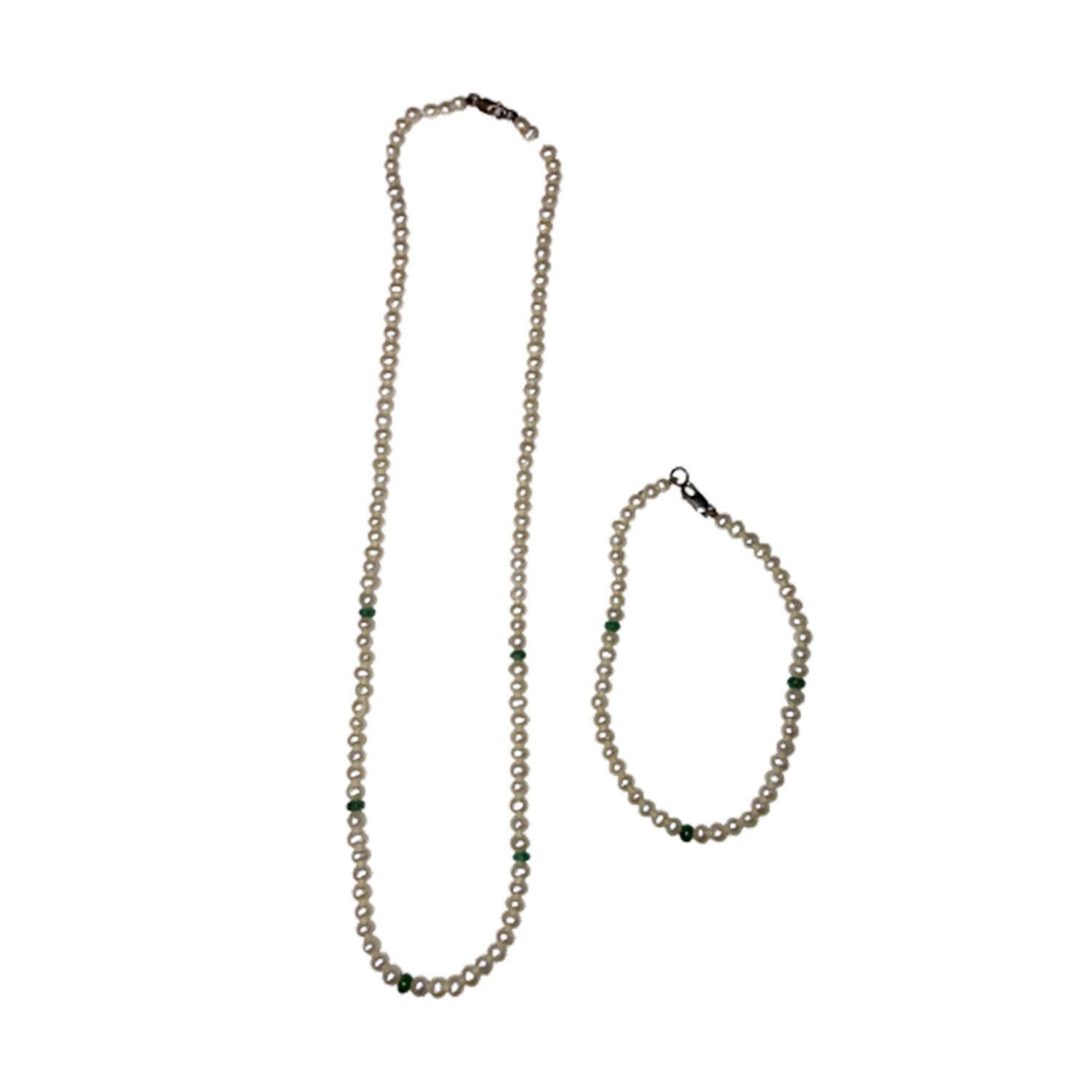 Designer Cultured Pearl and Green Emerald Bead Necklace Bracelet Set Size ONE SIZE - 2 Thumbnail
