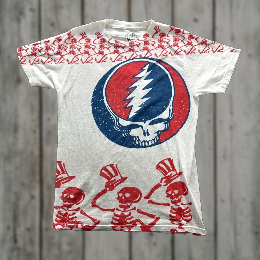 Gloverall Grateful Dead Shirt Mens S White Steal Your Face Skeletons All Over Tee Size US S / EU 44-46 / 1 - 1 Thumbnail