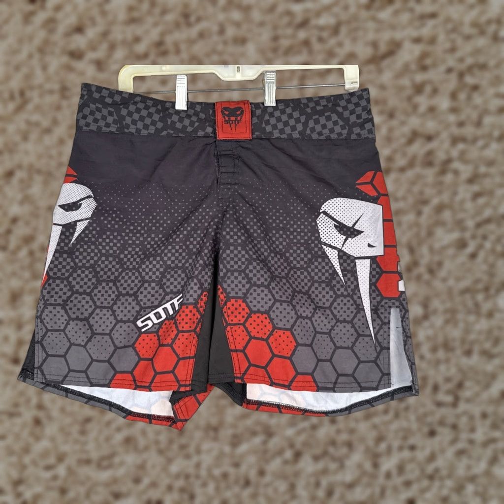 Vintage SOTF Shorts Mens Small Gray Black Red MMA Survive Workout Gym Polyester 32x9 Size US 29 - 1 Thumbnail