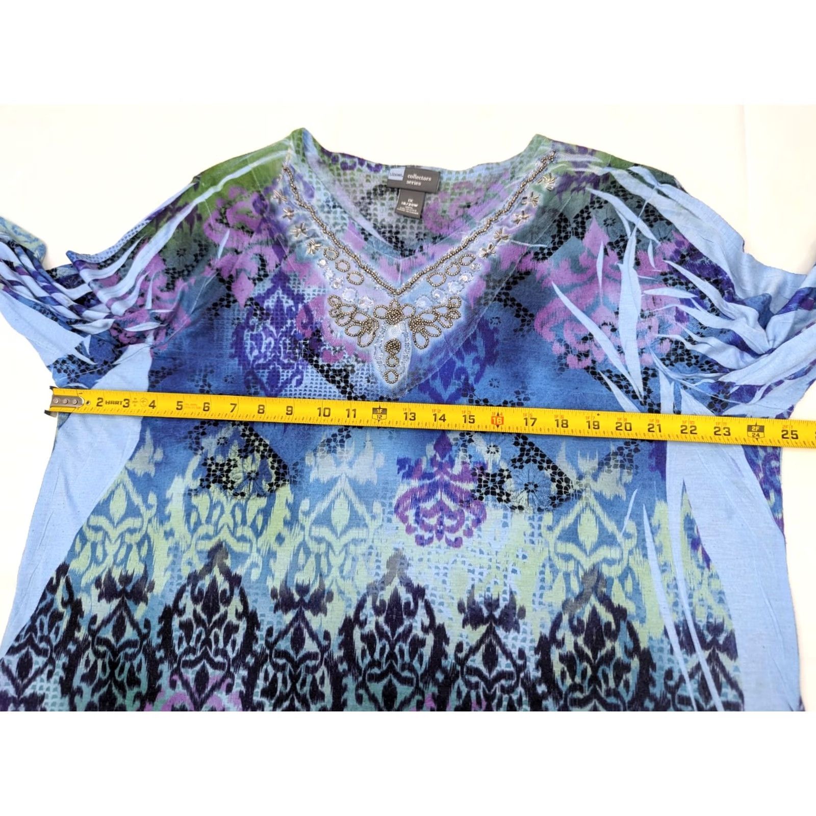 Vintage Liz & Me Blouse Shirt Womens 1X Plus Size Blue Beads Stones Knit V-Neck Short Sleeve Abstract Pattern Lightweight Casual Workwear Summer Fall Spring Size XL / US 12-14 / IT 48-50 - 7 Thumbnail
