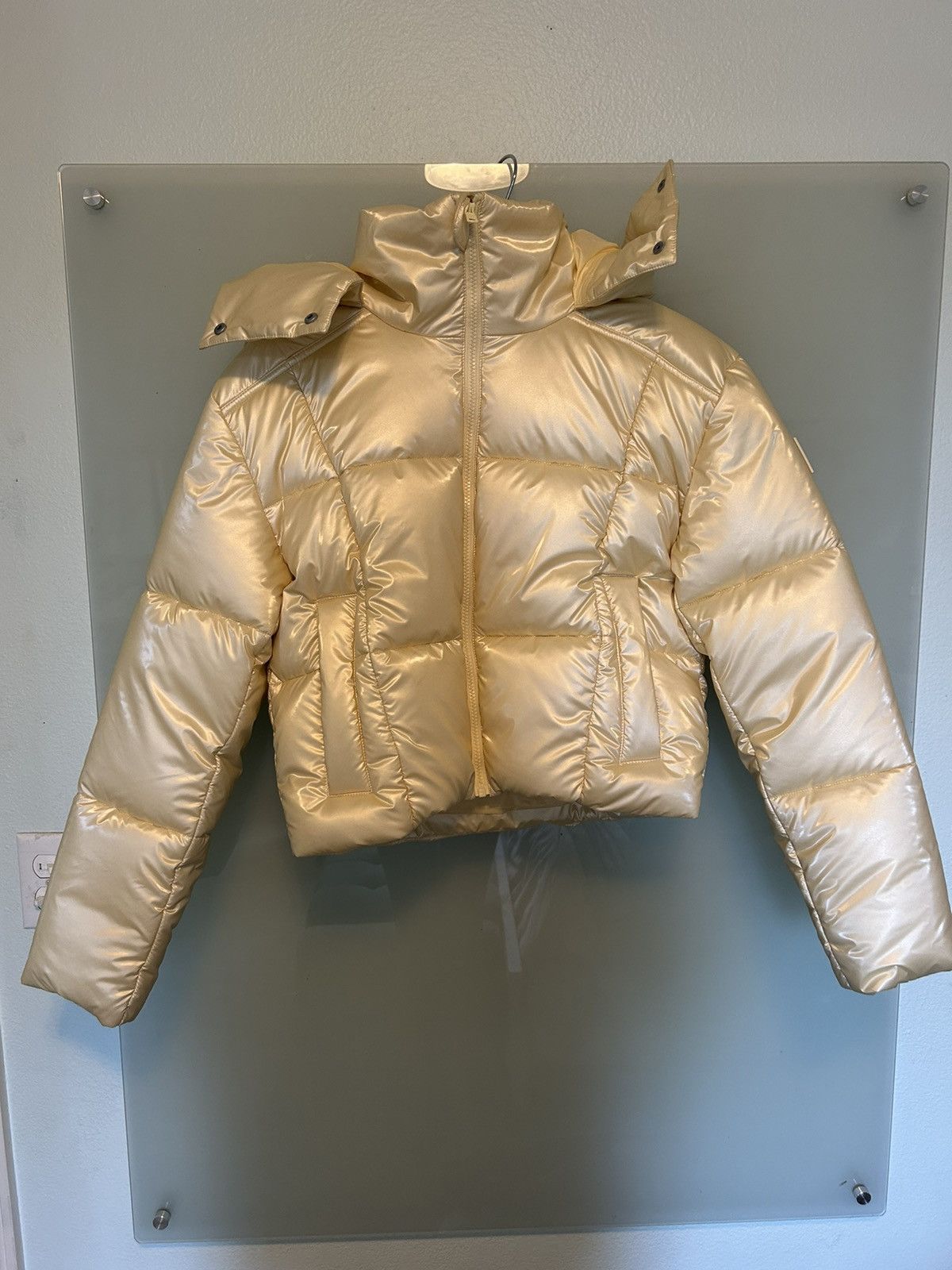 image of Alo Yoga Pearlized Pristine Crop Puffer Jacket Frenchvanilla in Gold, Women's (Size Small)