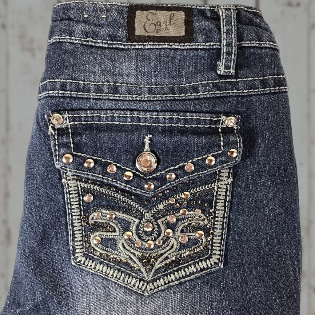 Vintage Earl Jean Jeans Women 8 Cropped Denim Blue Stretch Pockets Embroidered Rhinestone Zipper Womens Size 30" / US 8 / IT 44 - 1 Thumbnail