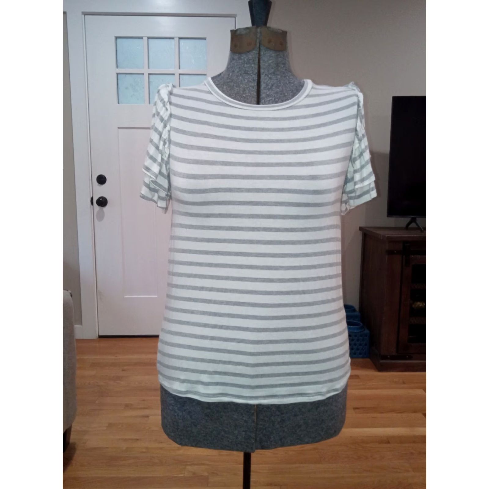 Vintage Green Envelope T-Shirt Shirt Women Small White Striped Short Sleeve Ruffle Knit Cotton Blend Casual Everyday Size S / US 4 / IT 40 - 4 Thumbnail