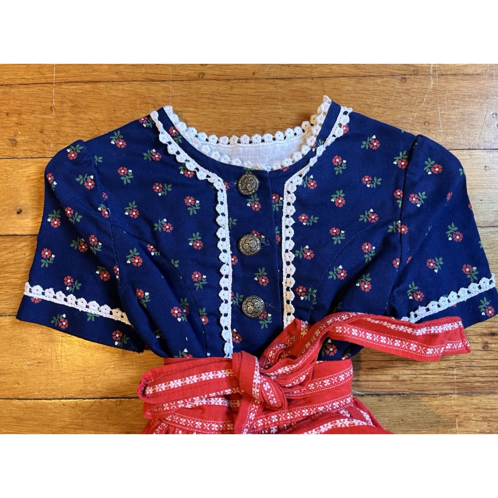 Vintage VINTAGE Sportalm Kitzbühel Floral Dress & Apron Girl’s 104/4 Blue Red Lace Trim Boho 1970s Girls Size ONE SIZE - 5 Thumbnail