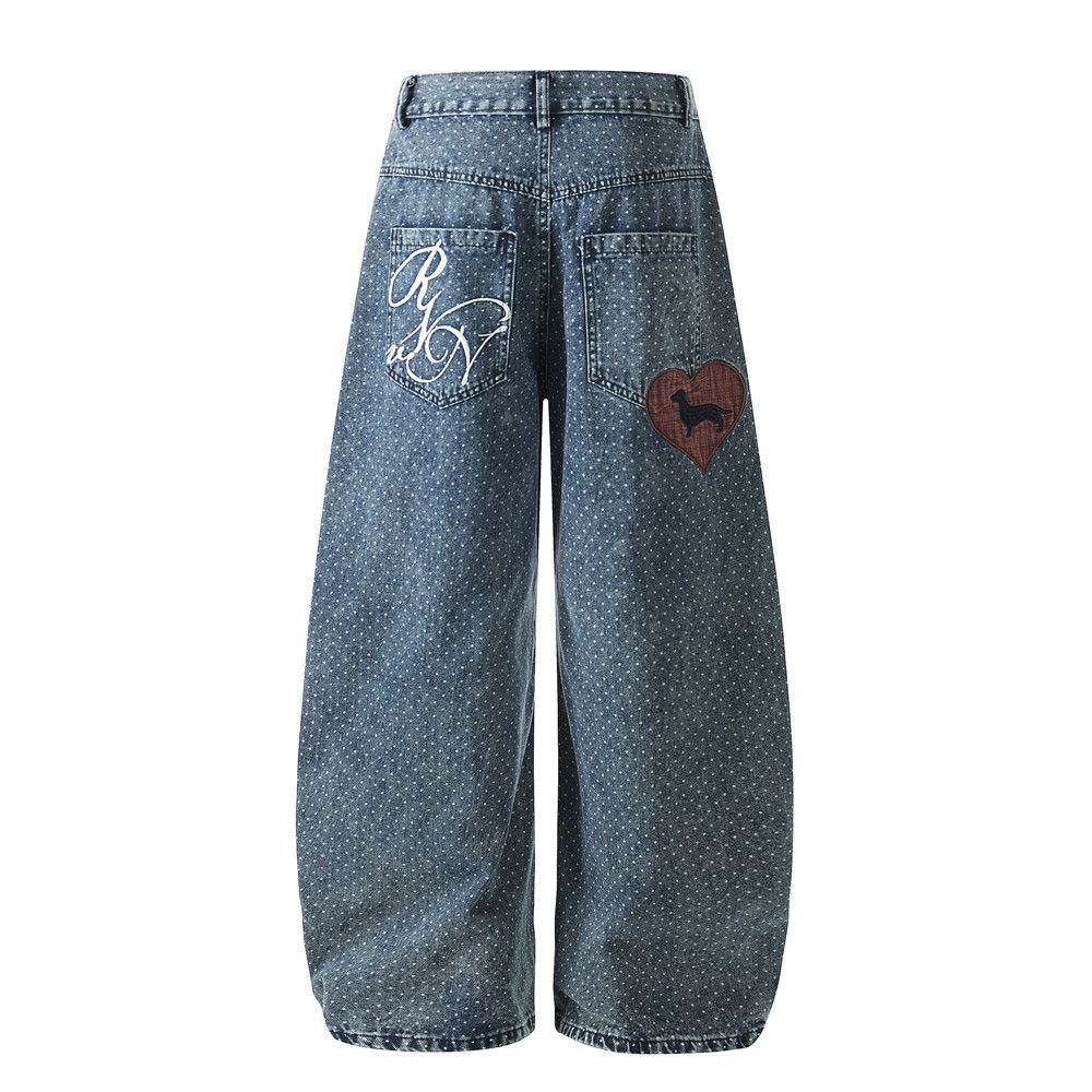 Men's vintage heart-embroidered polka dot curved jeans
