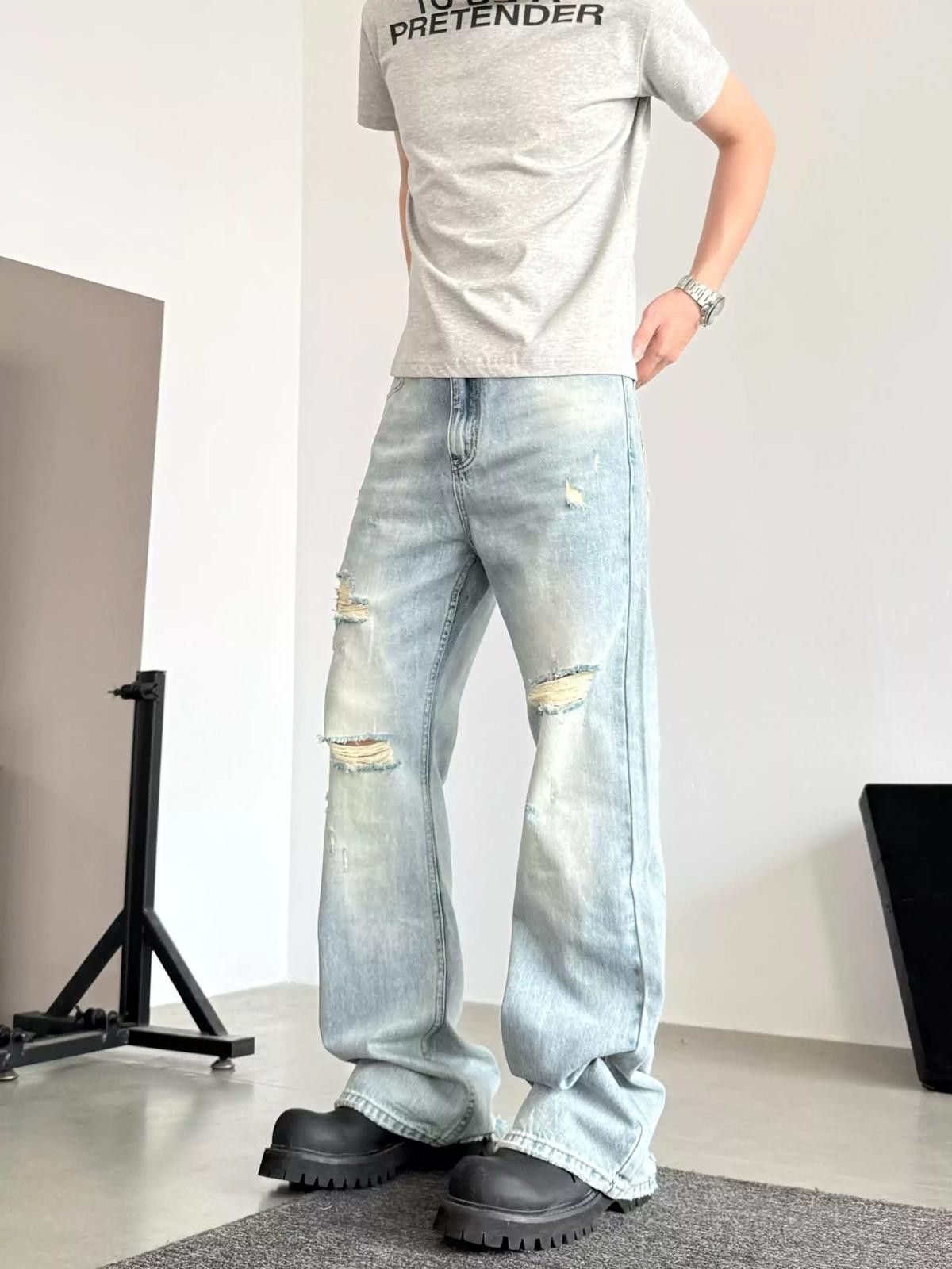 Vintage Light Blue Ripped Micro Flare Jeans Size US 30 / EU 46 - 3 Thumbnail