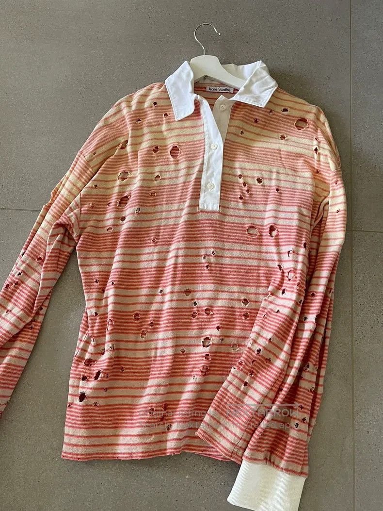 Acne Studios Acne Studios Pink and White Striped Ripped Polo Shirt Size M / US 6-8 / IT 42-44 - 5 Thumbnail