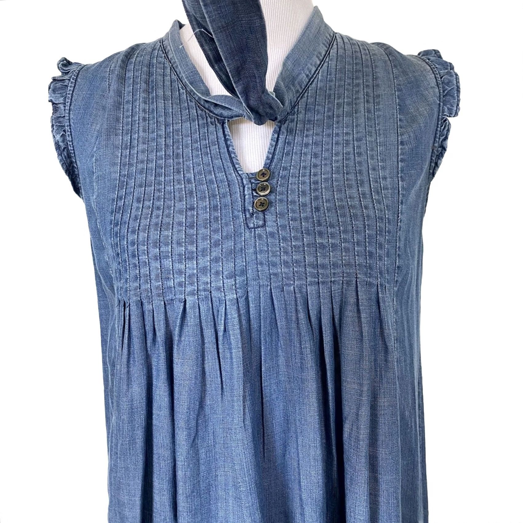 Vintage VINTAGE Current Air Dress Denim Chambray Blue Shift Pintuck Pleats Neck Tie Ruffles XS Womens Size XS / US 0-2 / IT 36-38 - 3 Thumbnail