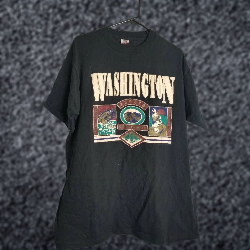 Fruit Of The Loom Vintage Washington State Outdoors Travel Souvenir T Shirt Mens XL Black Cotton Blend Fruit of the Loom 80s Crew Neck Short Sleeve Graphic Print Size US XL / EU 56 / 4 - 1 Thumbnail
