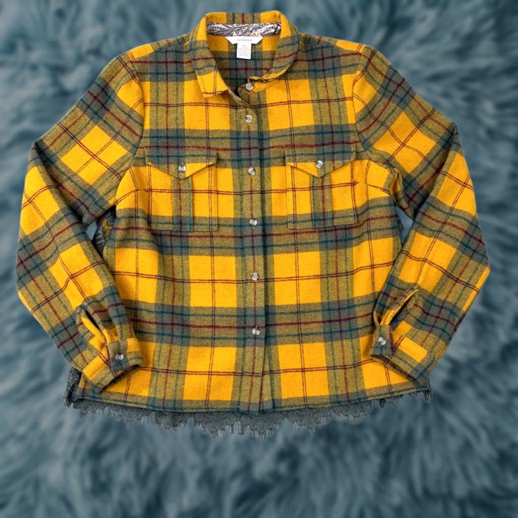 Vintage Sundance Womens Jacket Shacket Plaid Wool Blend Lace Back Button Front 10 Yellow Child? Size L / US 10 / IT 46 - 1 Thumbnail