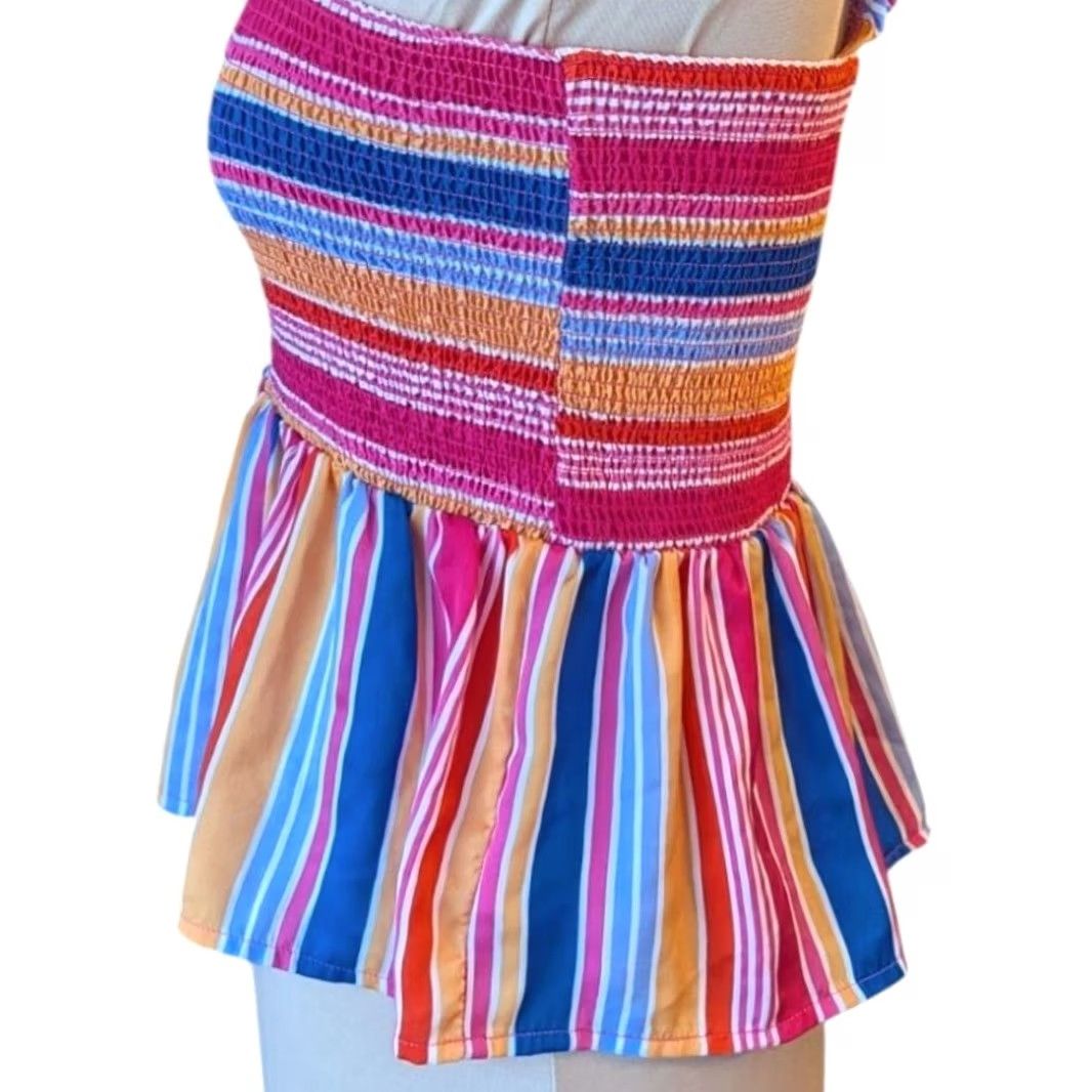 Rainbow Unbranded Multicolor Striped Smocked Peplum Top Ruffle Strap Square Neck Size S Women Sleeveless Crop Top Size S / US 4 / IT 40 - 3 Thumbnail