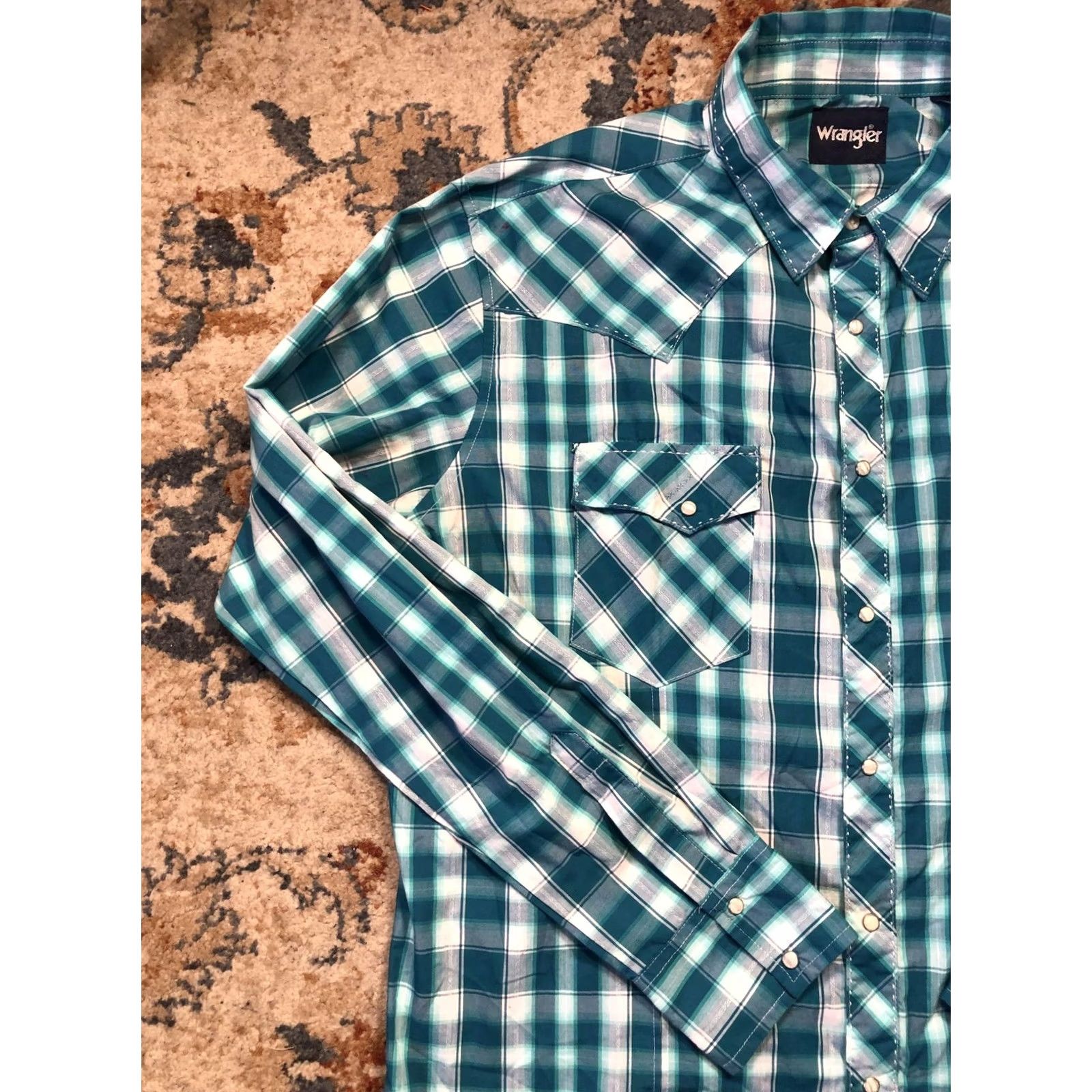 Wrangler Wrangler Shirt Mens 2XL Teal Blue Plaid Western Pearl Snap Long Sleeve Cowboy Size US XXL / EU 58 / 5 - 3 Thumbnail