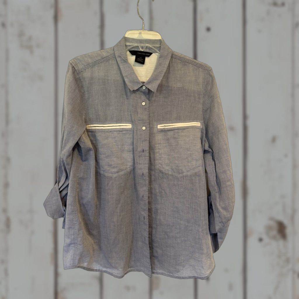 Calvin Klein Calvin Klein Blouse Women L Blue Pinstriped Long Sleeve Roll Tab Cotton Striped Jeans Shirt Large Womens Size L / US 10 / IT 46 - 1 Thumbnail