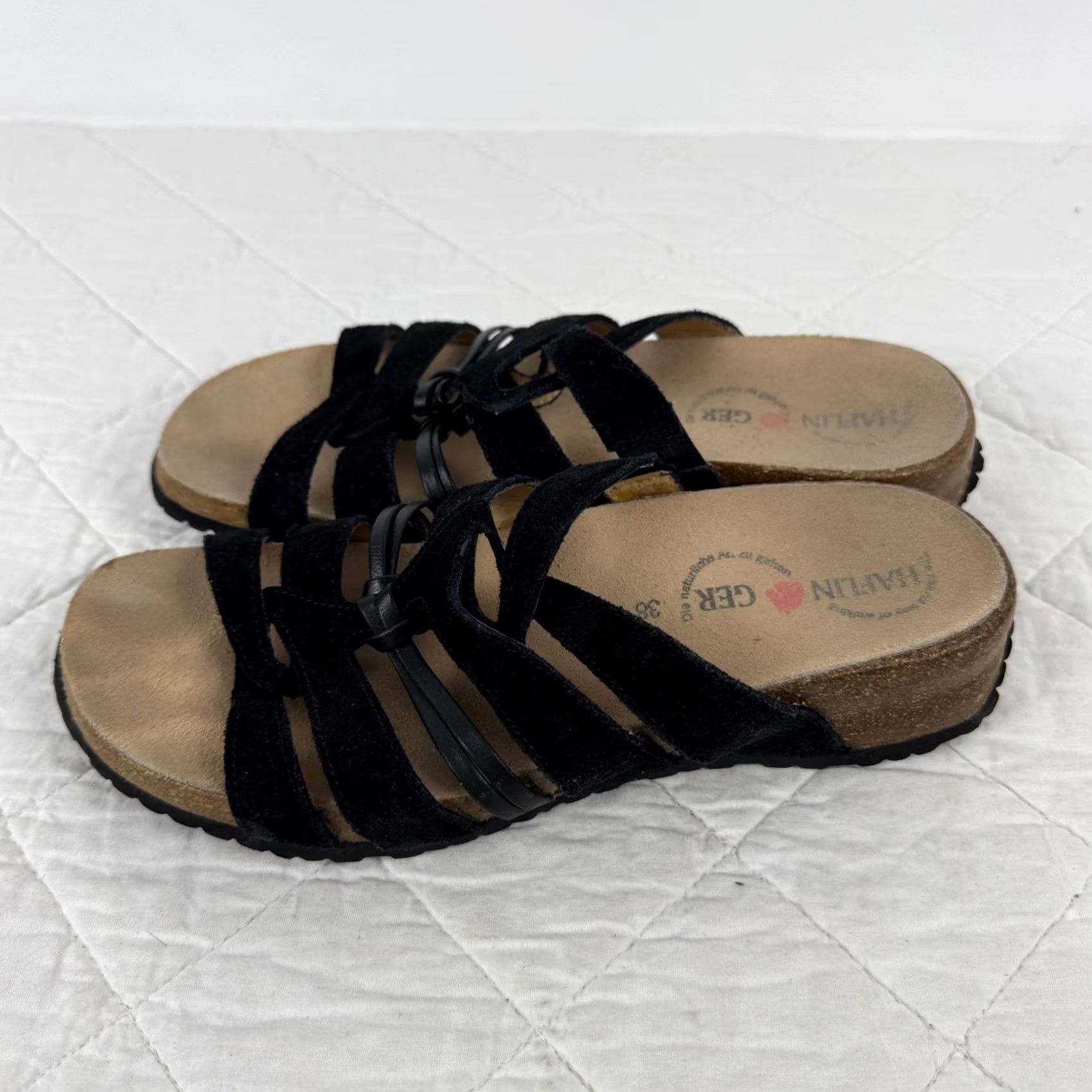 Vintage Haflinger Black Suede Leather Strappy Cork Slide Sandals Womens 38 US 7 Size US 7 / IT 37 - 5 Thumbnail