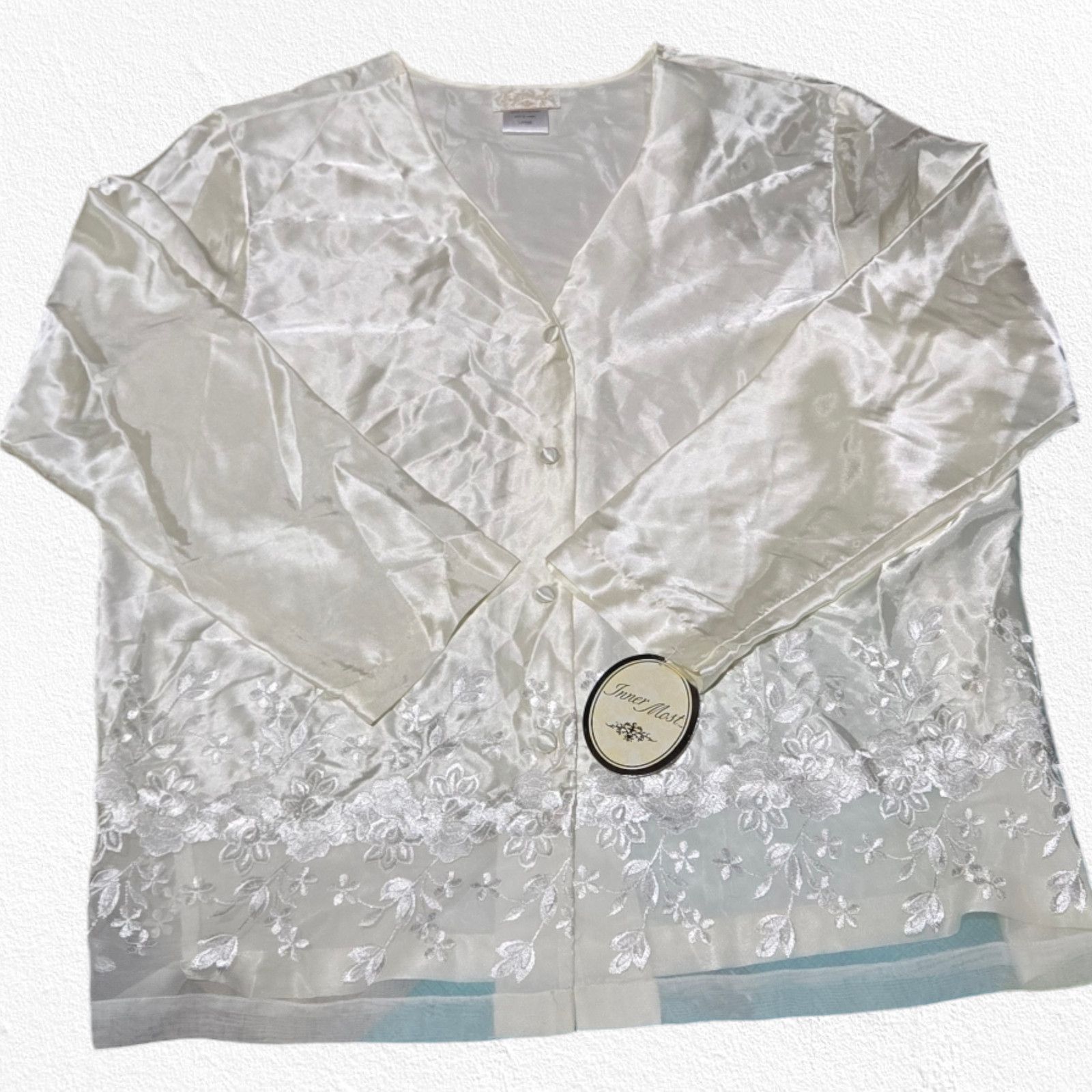 Vintage Vintage Ivory Satin Floral Lace Blouse Size Large Size L / US 10 / IT 46 - 2 Thumbnail