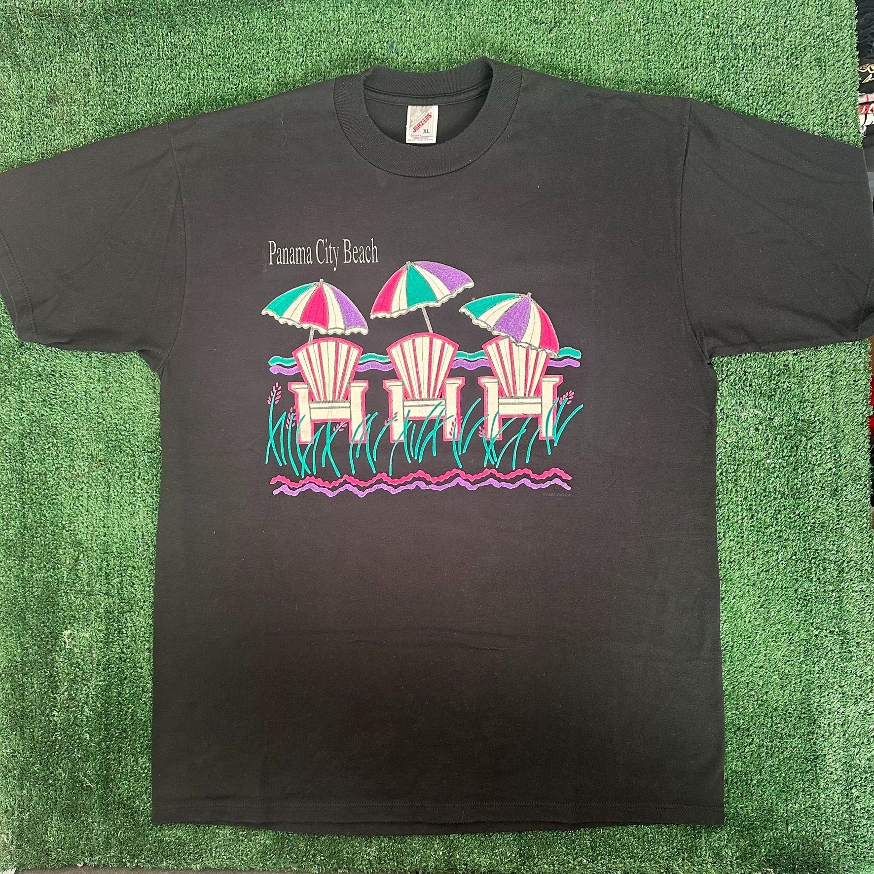 Jerzees Vintage 90s Panama City Beach Puff Print T-Shirt Black PCB S Size US XL / EU 56 / 4 - 1 Thumbnail