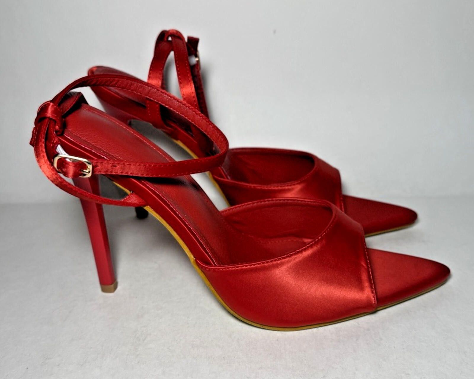 Ego Tripping Truely Ankle Strap Pointed Peep Toe Stiletto Red Satin Size US 9 / IT 39 - 2 Thumbnail