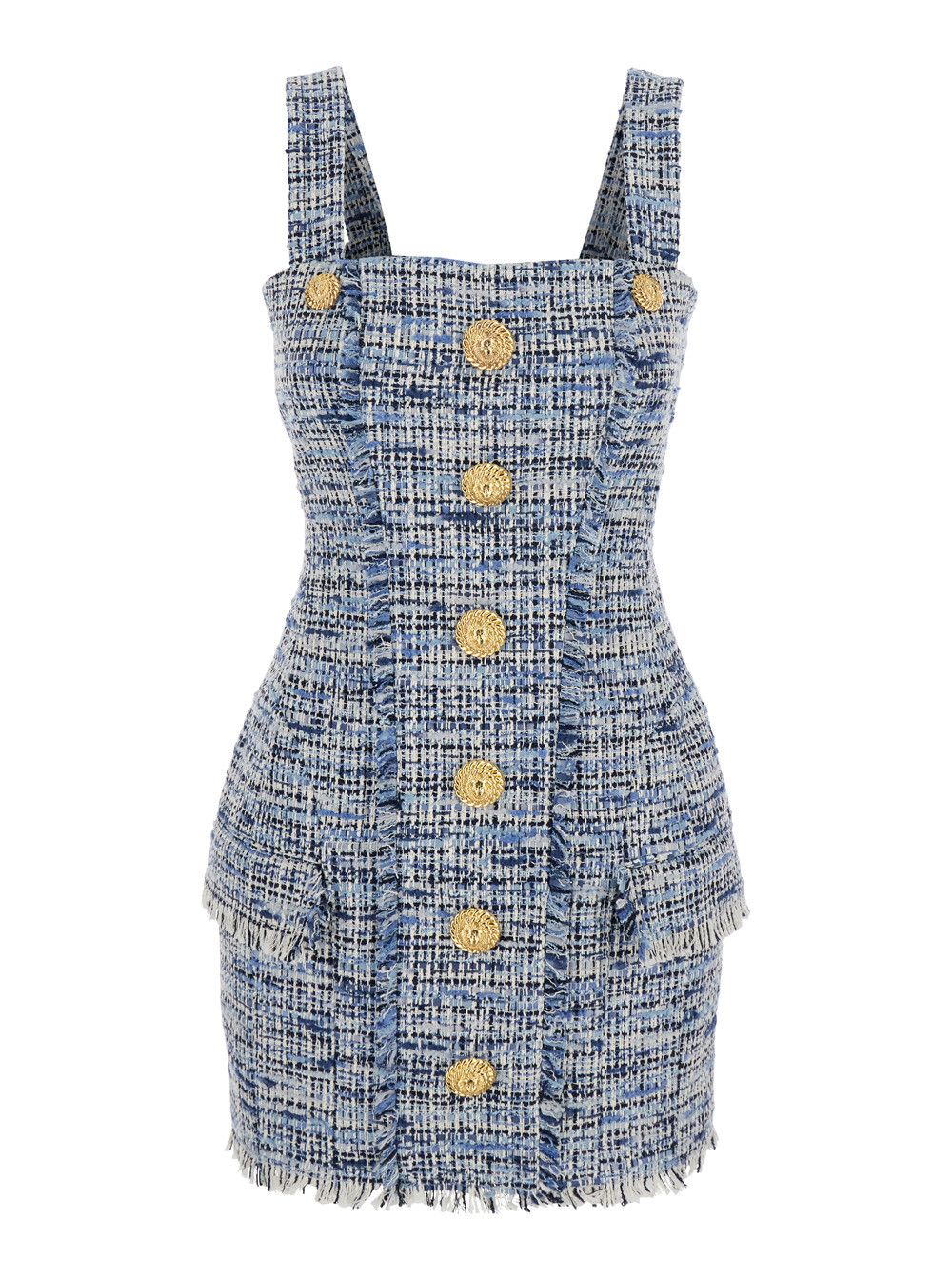 Balmain Blue Dress with Frayed Details in Tweed Woman Size L / US 10 / IT 46 - 1 Thumbnail
