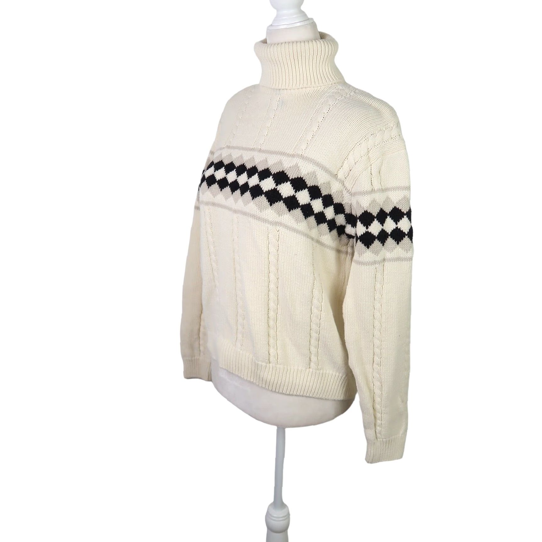 Vintage VINTAGE Jeanne Pierre Cream and Black Diamond Check Cable Knit Turtleneck Sweater M Womens Long Sleeve Knit Cotton 90s Holiday Casual Mens Girls Size M / US 6-8 / IT 42-44 - 3 Thumbnail