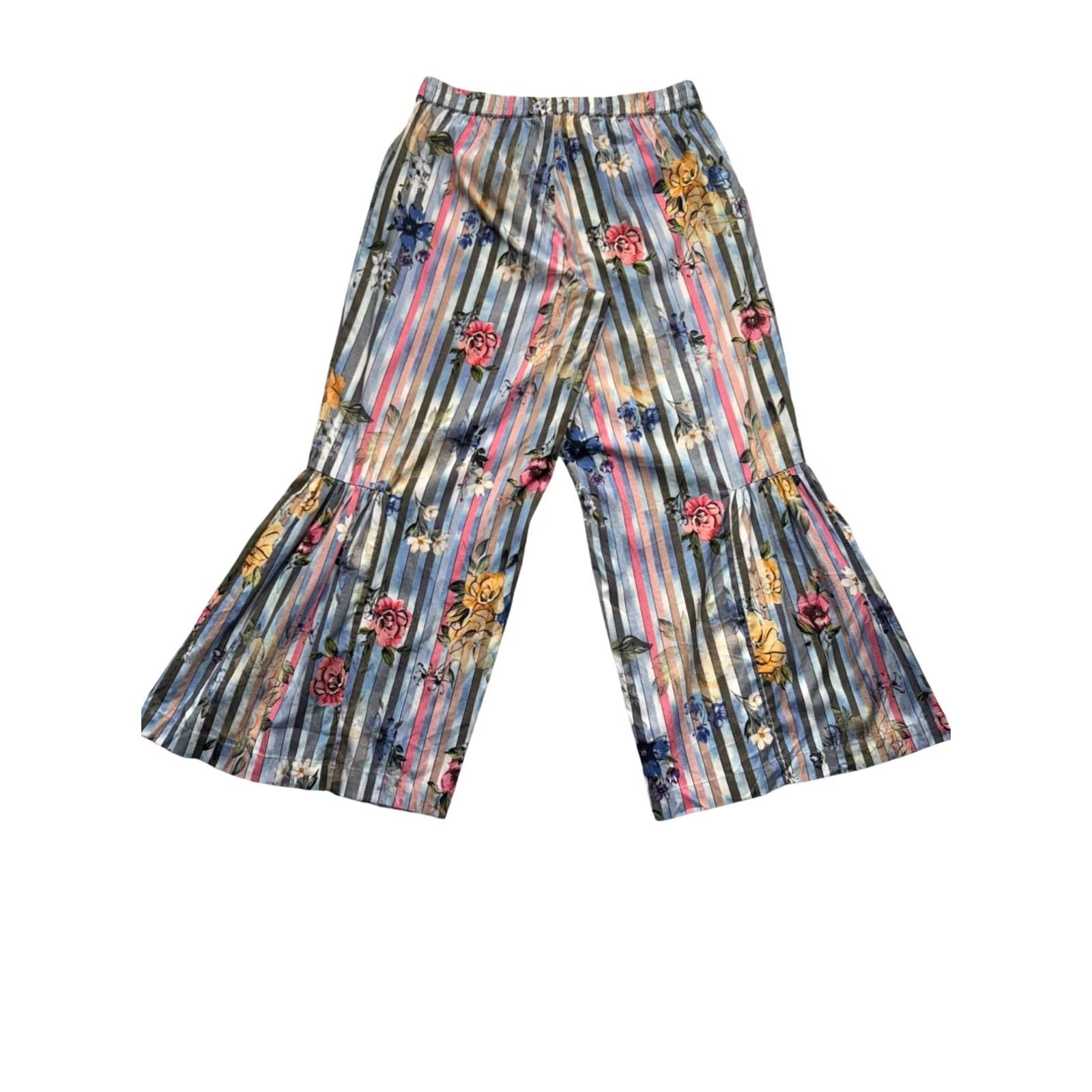 IOLANI Tolani Collection Striped Floral Wide-Leg Pants Womens S Blue Cotton Viscose Small SP 267B Size 28" / US 6 / IT 42 - 2 Thumbnail