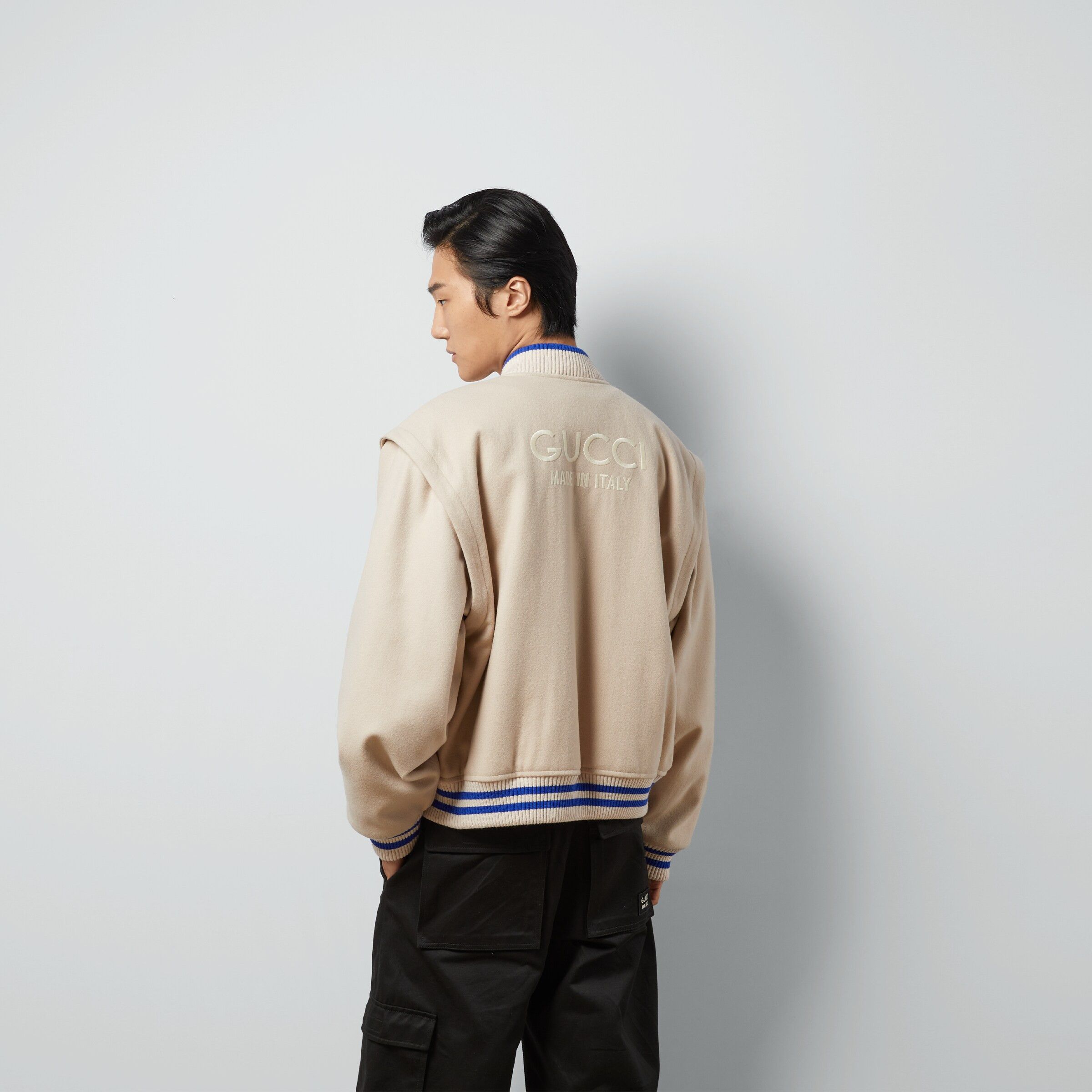 Gucci o1mt1gz0325 Wool Bomber Jacket With Embroidery in Beige/Blue Size US L / EU 52-54 / 3 - 2 Thumbnail
