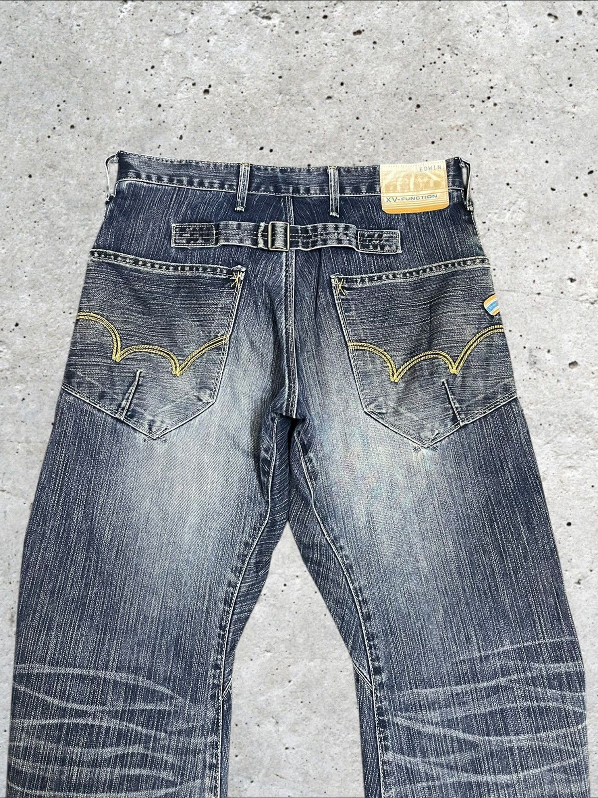 Edwin Vtg Edwin Twisted Loose Ripped Blue Wash Buckle Back Jeans Size US 31 - 8 Thumbnail