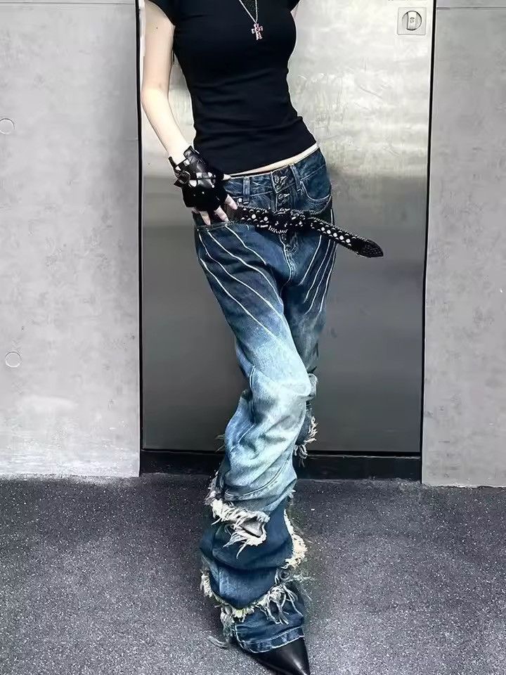 Japanese Brand Retro Y2K Style Patchwork Blue Baggy Stacked Jeans Size 28" / US 6 / IT 42 - 3 Thumbnail