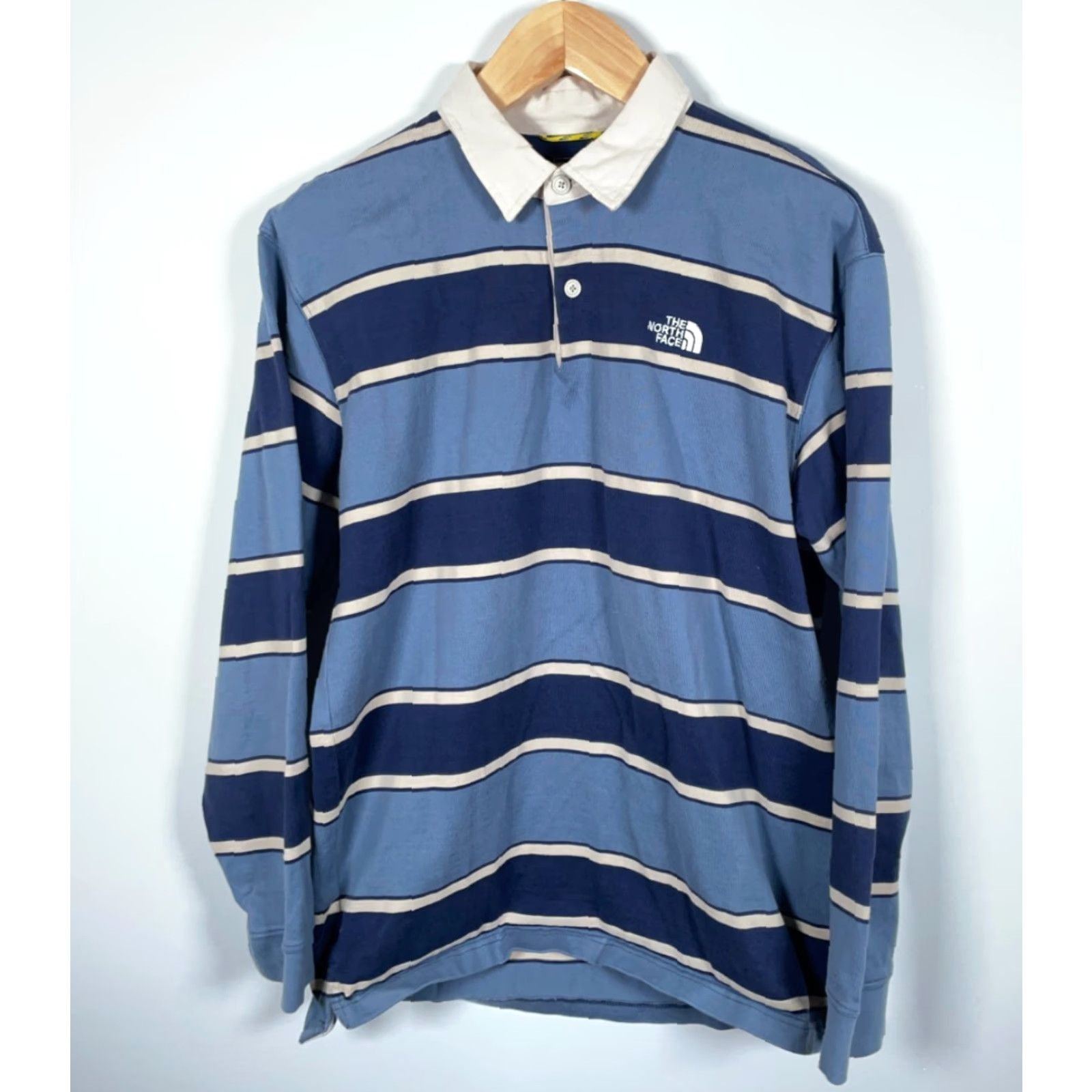 The North Face Rugby Polo Shirt Men's Large Blue Stripe Preppy Long Sleeve Embroidered