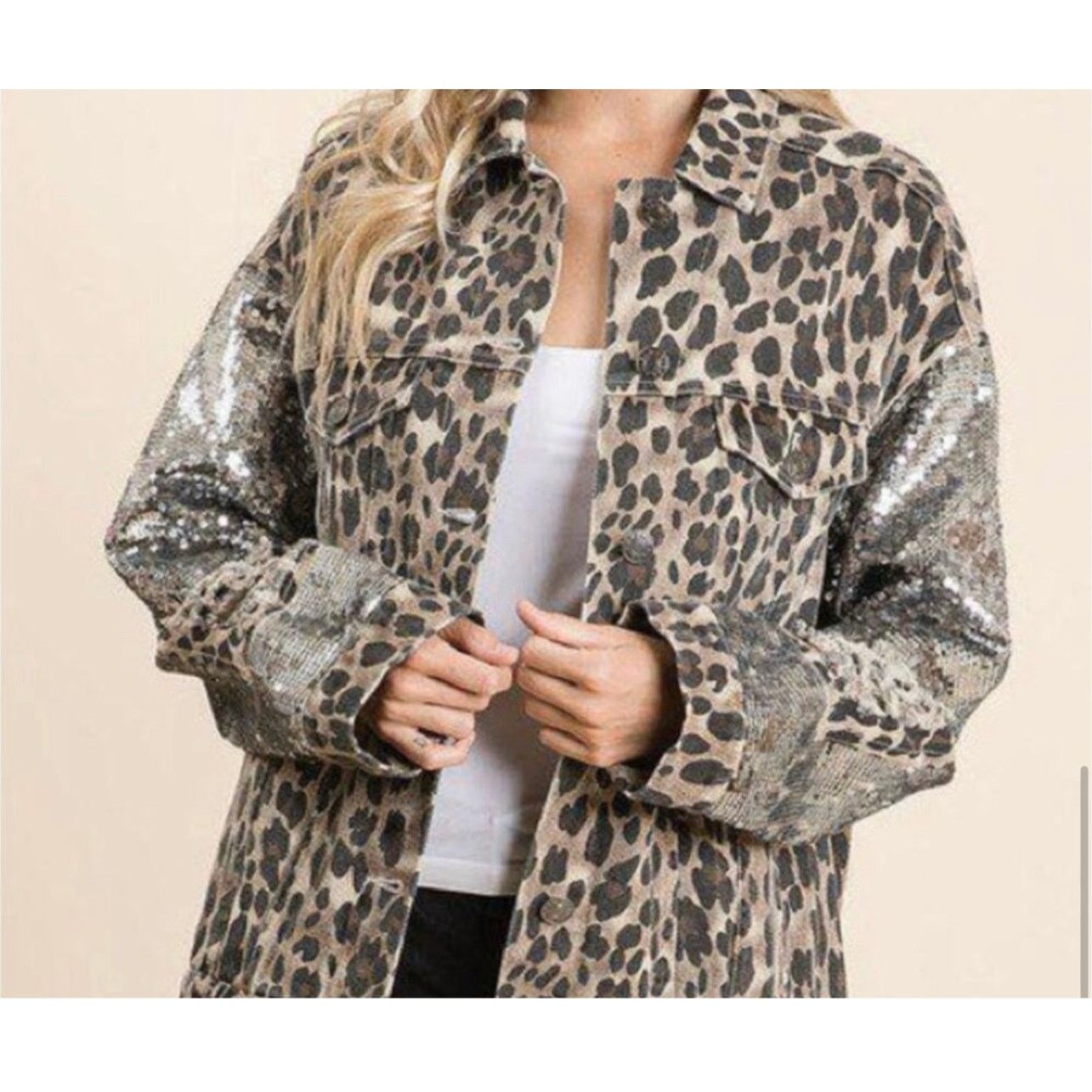 Macron Macaron Sequin Sleeve Leopard Print Jean Jacket Small Size S / US 4 / IT 40 - 1 Thumbnail