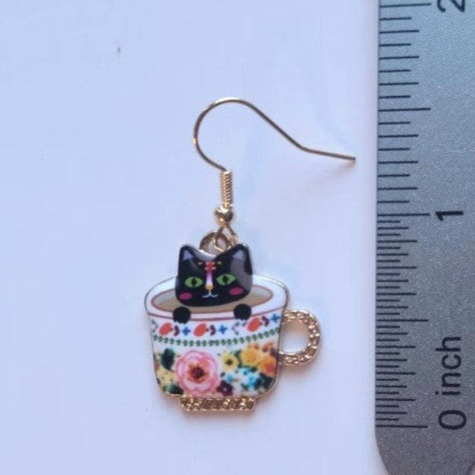 Other Black Cat Teacup Earrings Floral Handmade Earrings Gift Size ONE SIZE - 4 Thumbnail