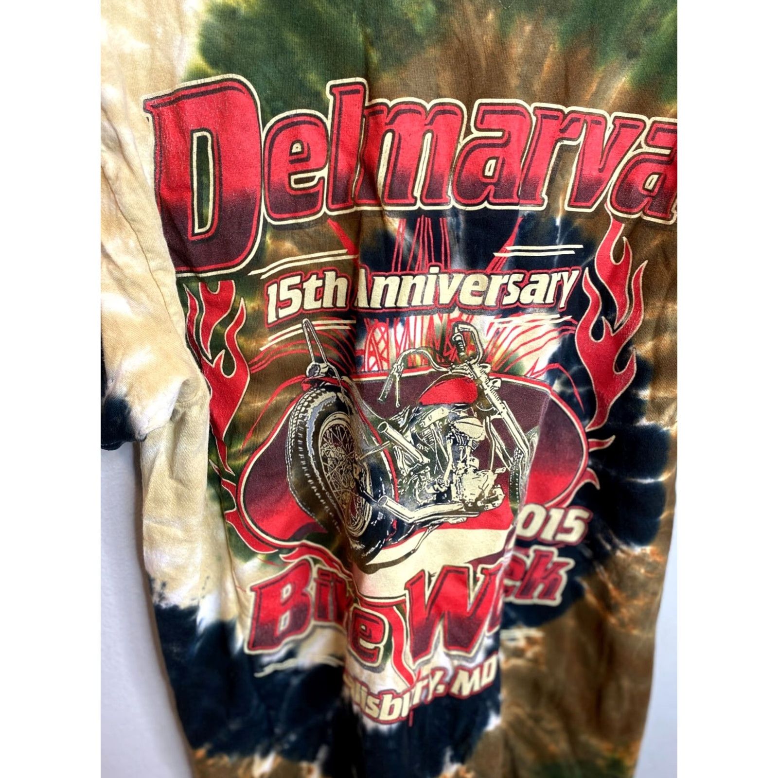 Gildan Gildan T-Shirt 2015 Bike Week Delmarva Tye Dye Tee S/S Crew Men's L Green Vintage Graphic T-Shirt Men Size US L / EU 52-54 / 3 - 2 Thumbnail