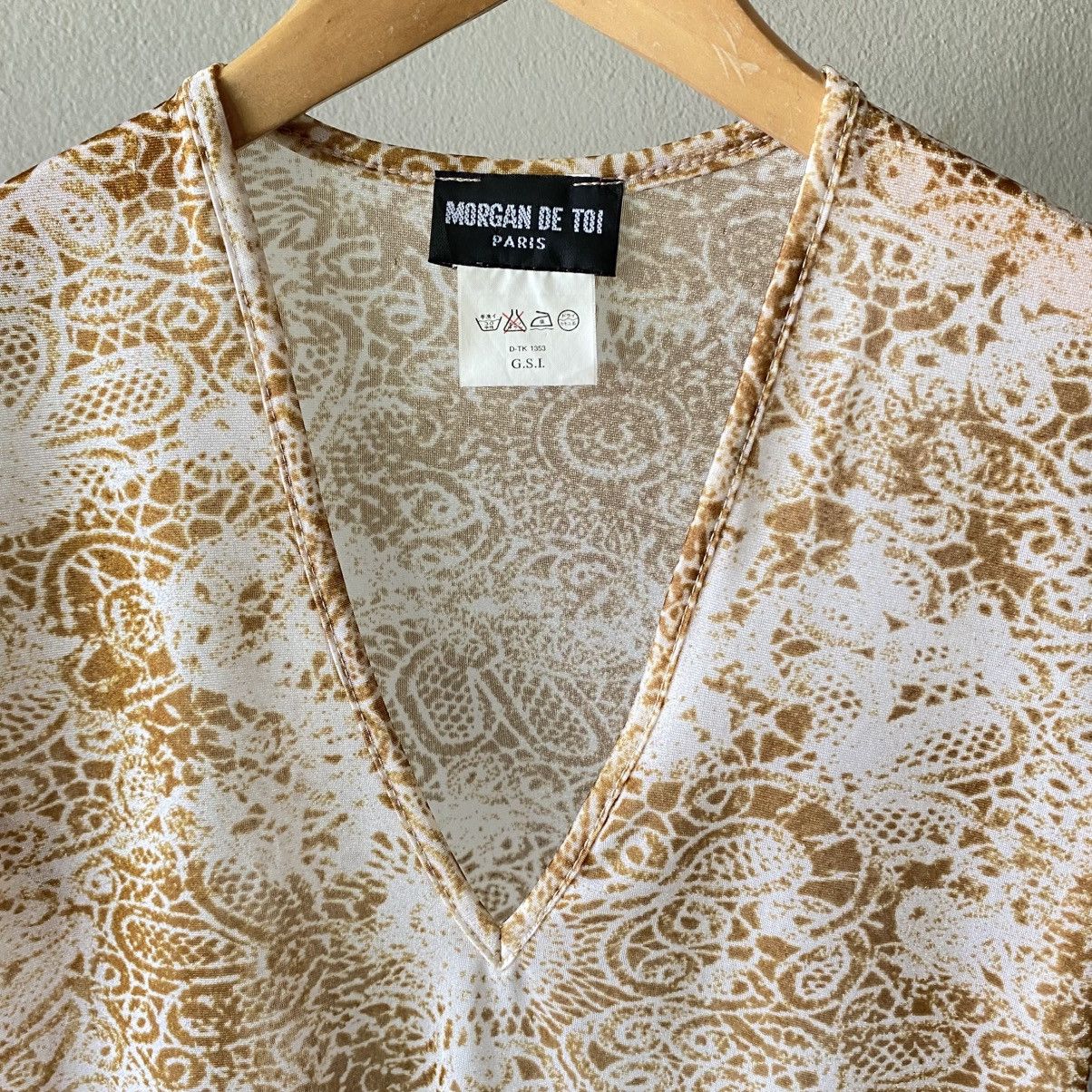 Morgan De Toi MORGAN DE TOI Y2K Beige Lace-Print V-Neck Tee Mesh Size S / US 4 / IT 40 - 16 Thumbnail