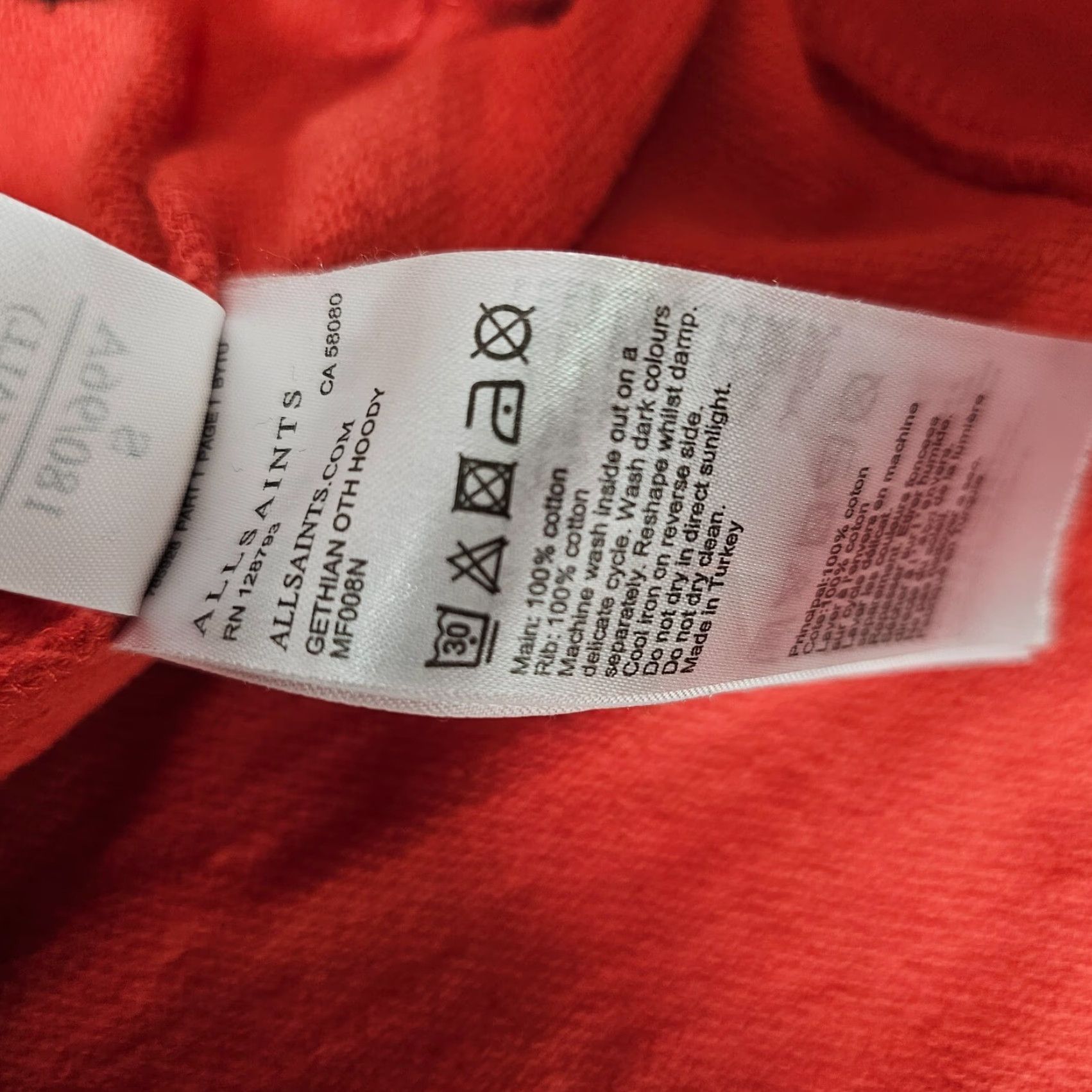 Allsaints AllSaints Hoodie Mens Small Hooded Pockets Orange Cotton Fleece Logo Pullover Modern Vintage: N/A Size US S / EU 44-46 / 1 - 5 Thumbnail